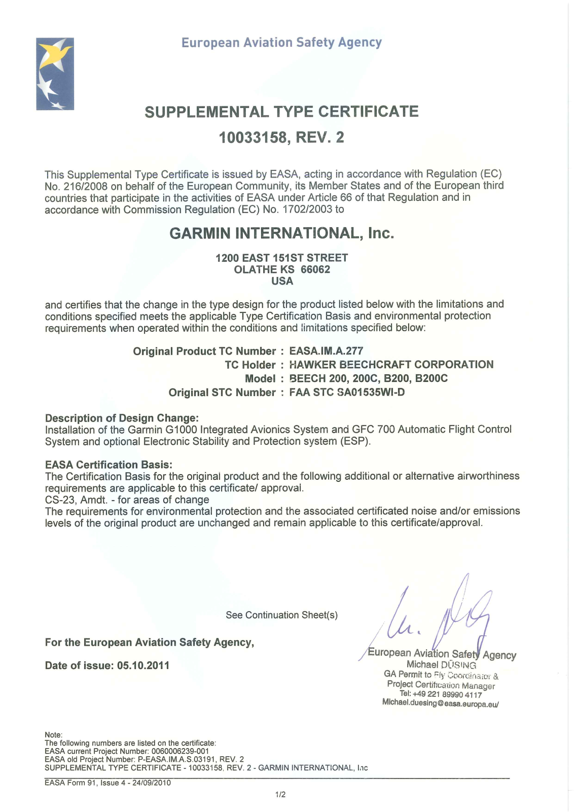 Garmin SA01535Wi-D, G1000 EASA Supplemental Type Certificate