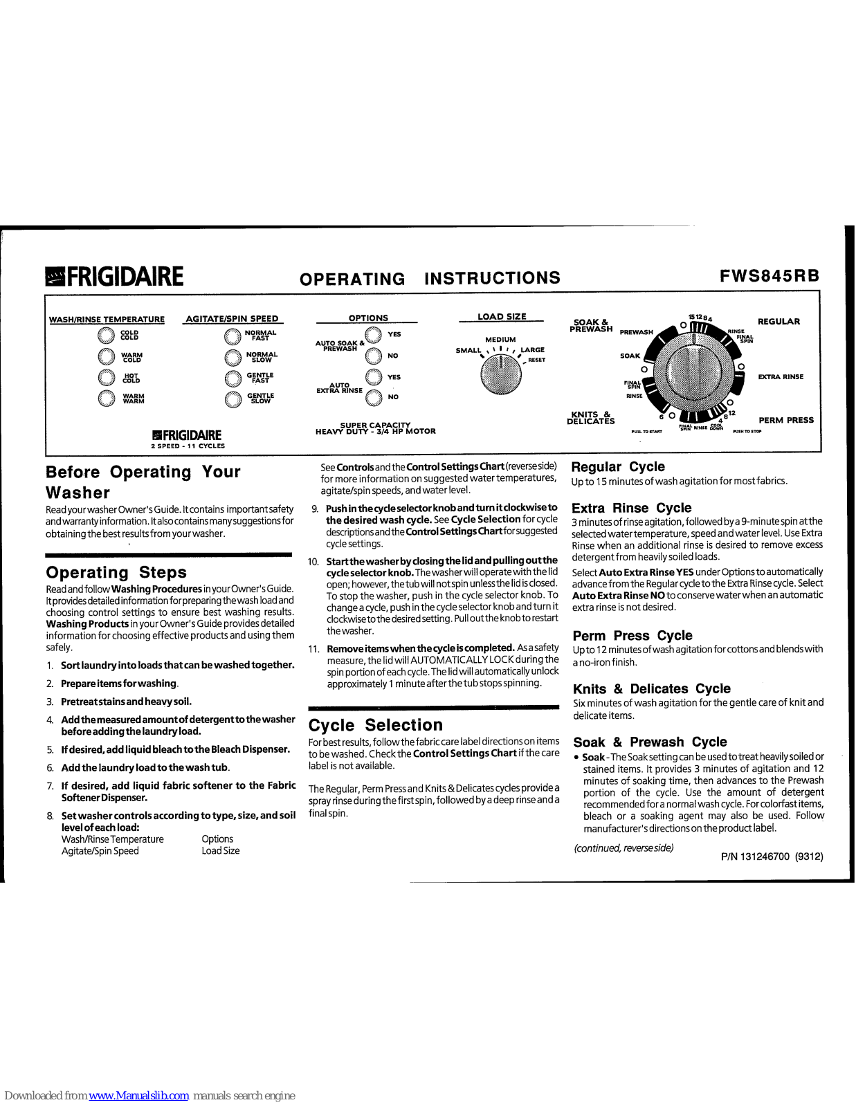 Frigidaire FWS845RB Operating Instructions Manual