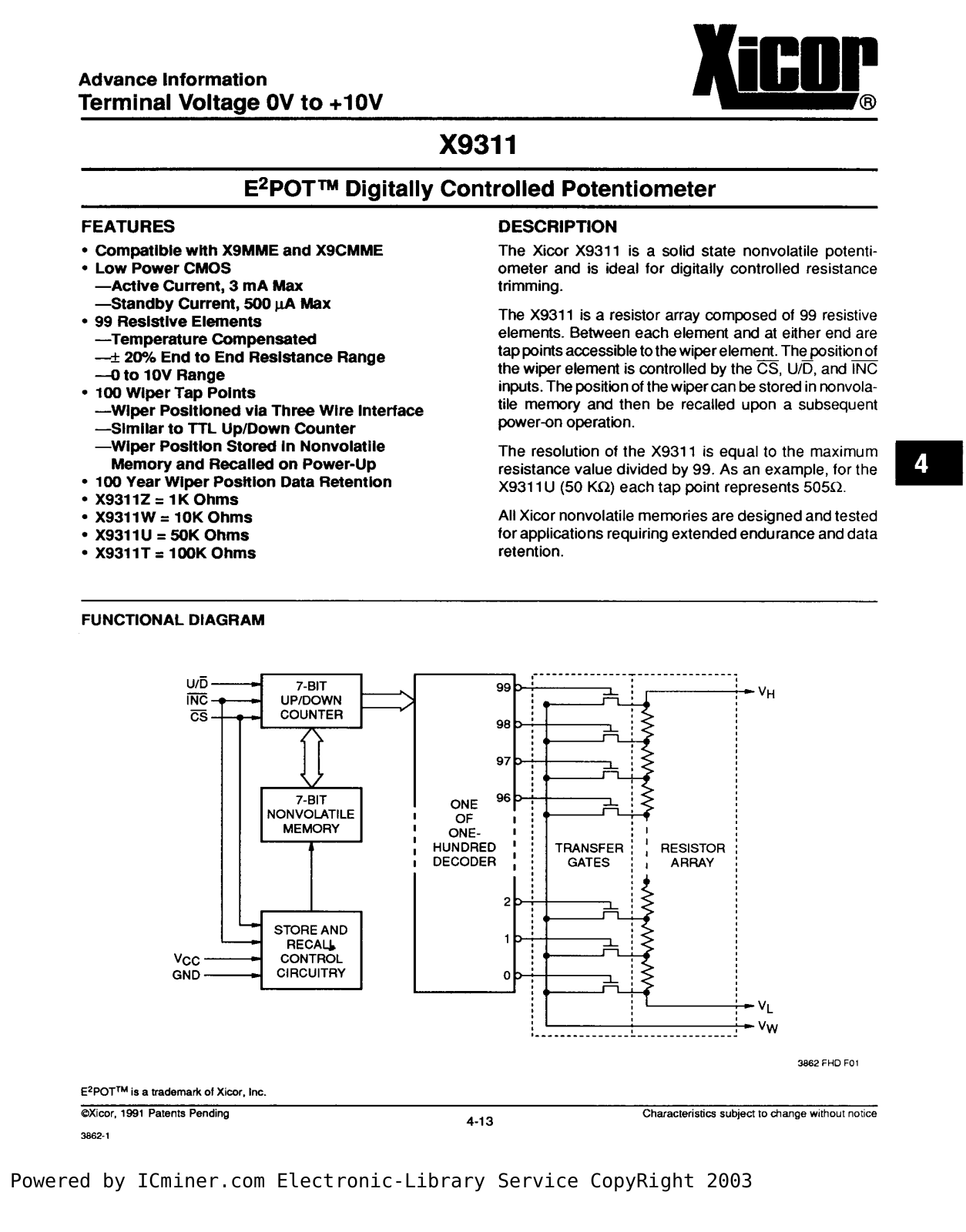 Xicor X9311 Technical data