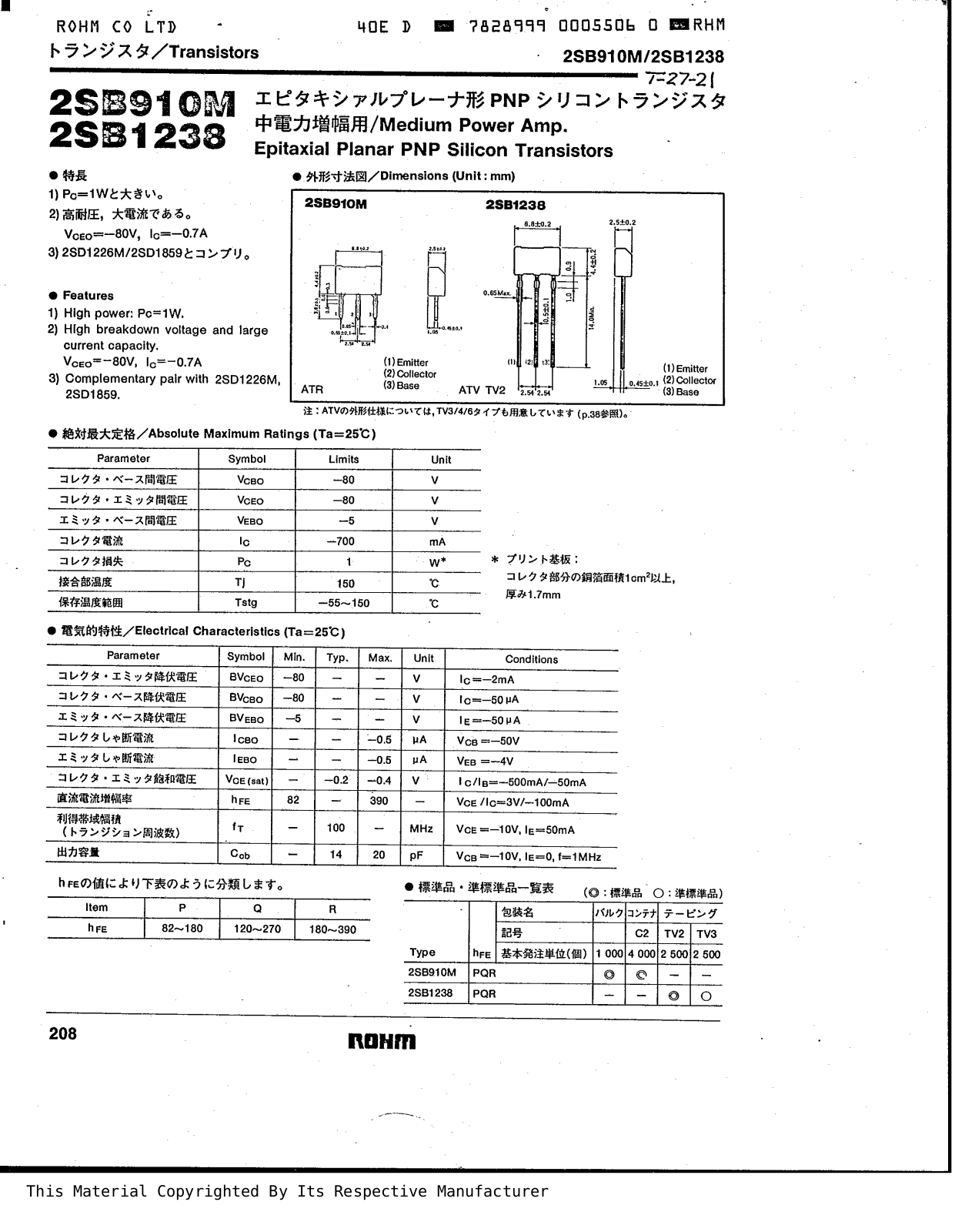 Datasheet 2sb910m,2sb1238 Datasheet - ManualMachine.com