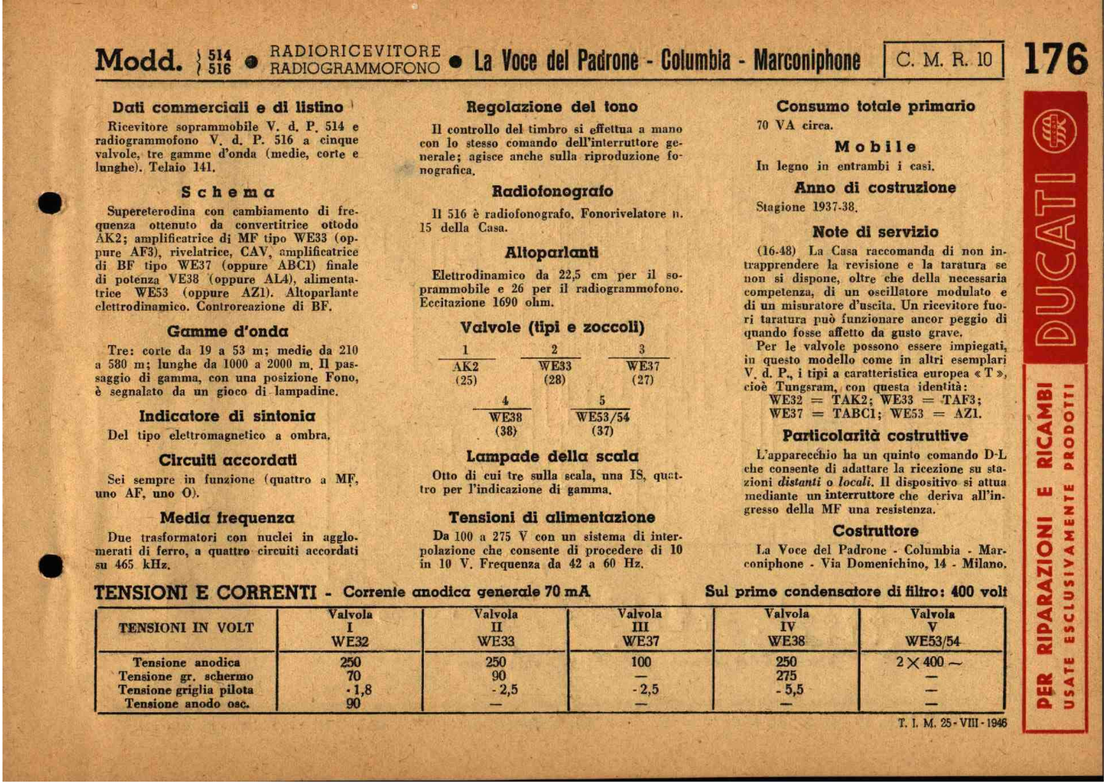 Voce Del Padrone Marconi 514, 516 schematic