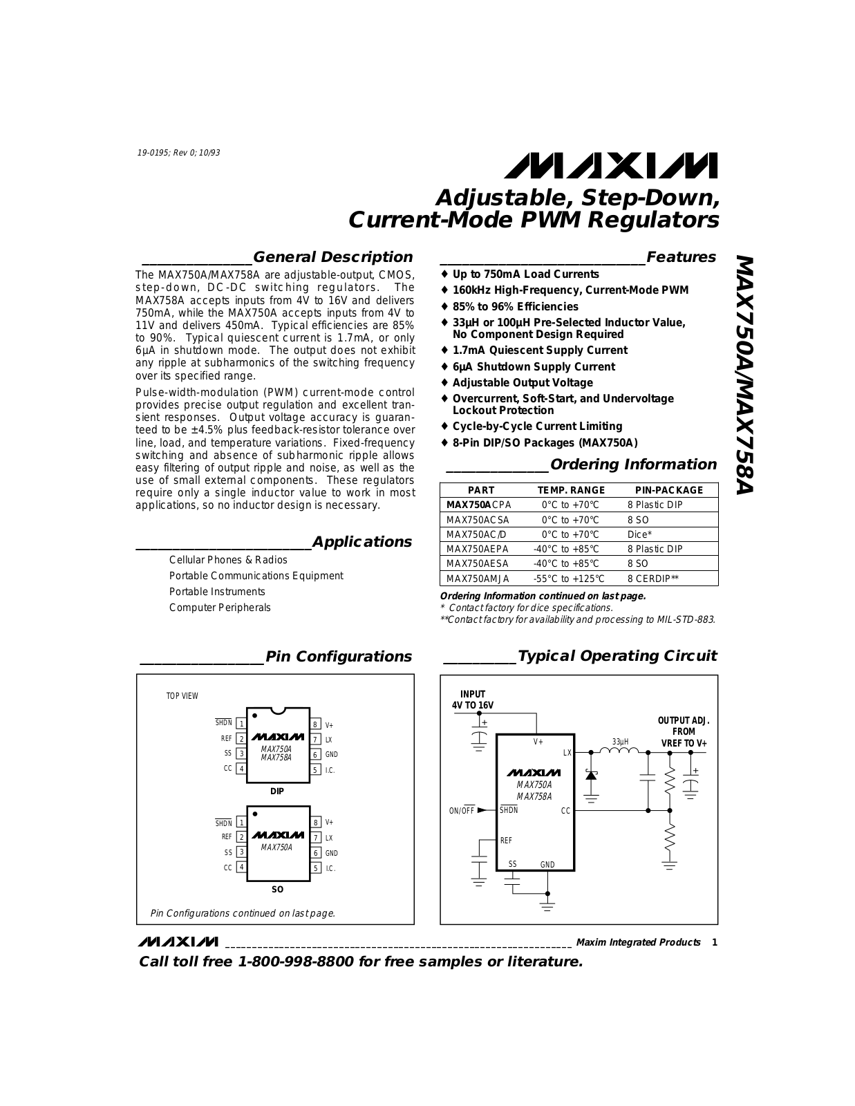 Maxim MAX758AMJA, MAX758ACPA, MAX758AEPA, MAX750AESA, MAX750AMJA Datasheet