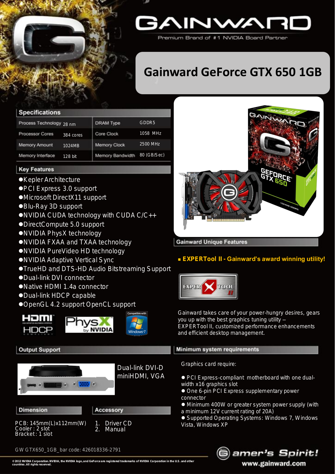 Gainward GeForce GTX 650 1GB SPECIFICATIONS