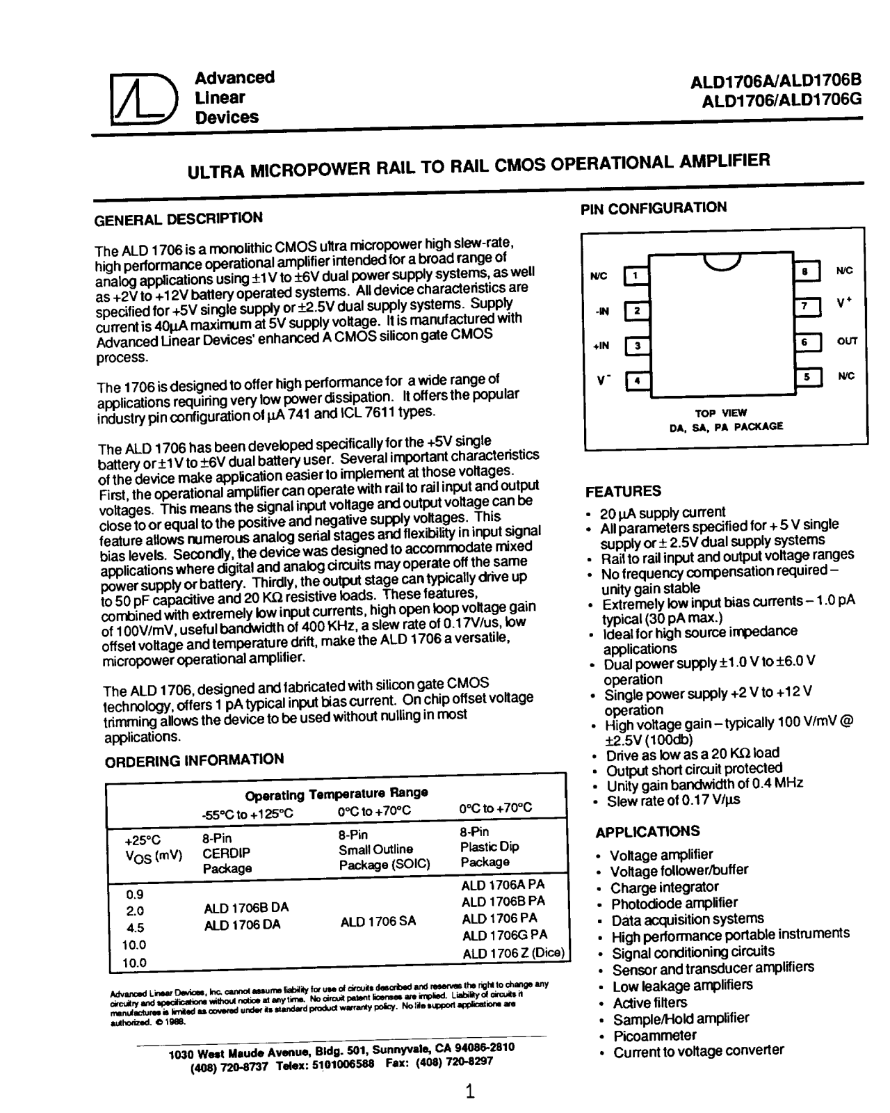 Advanced Linear Devices Inc ALD1706Z, ALD1706SA, ALD1706PA, ALD1706GPA, ALD1706DA Datasheet