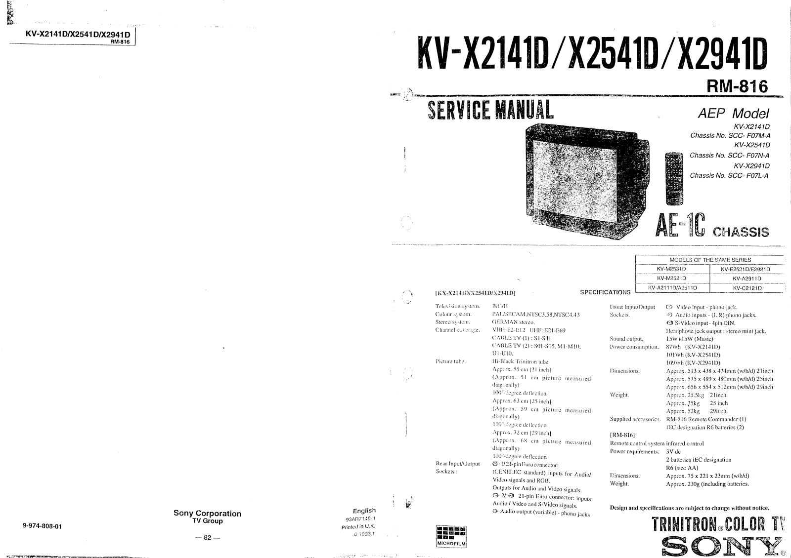 SONY KV-X2141D, KV-X2541D, KV-X2941D SERVICE MANUAL