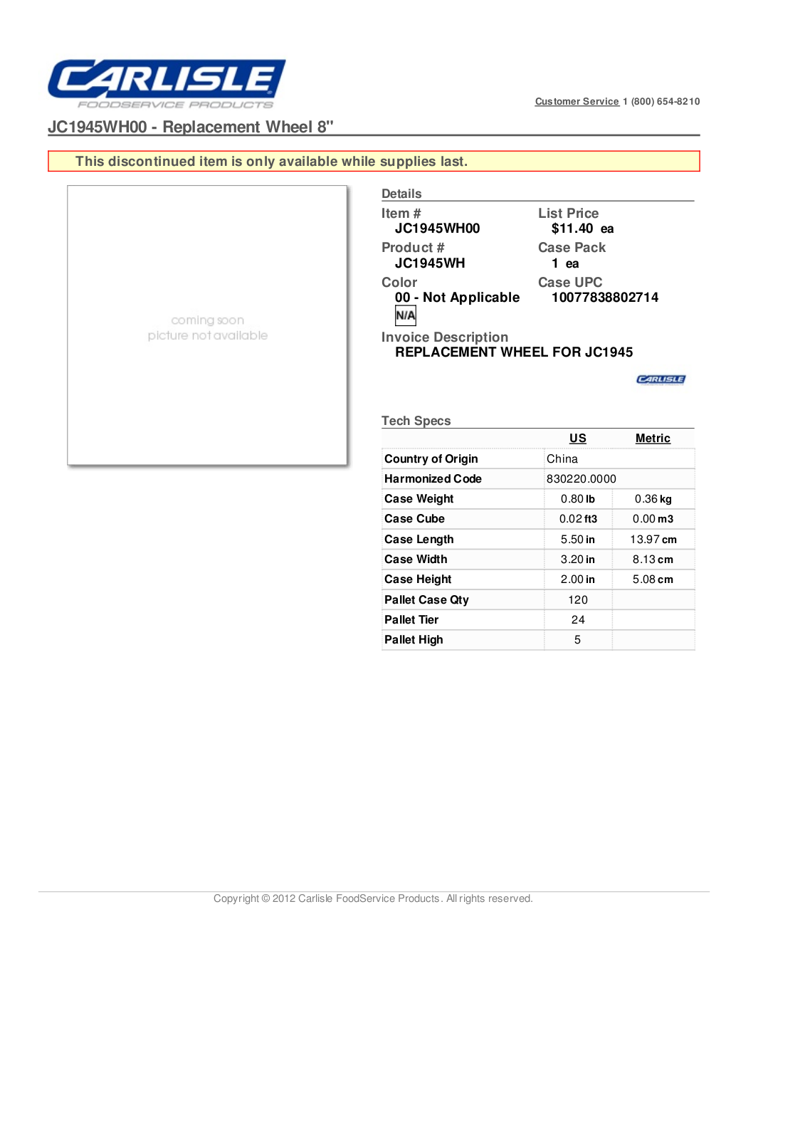 Carlisle JC1945WH00 User Manual