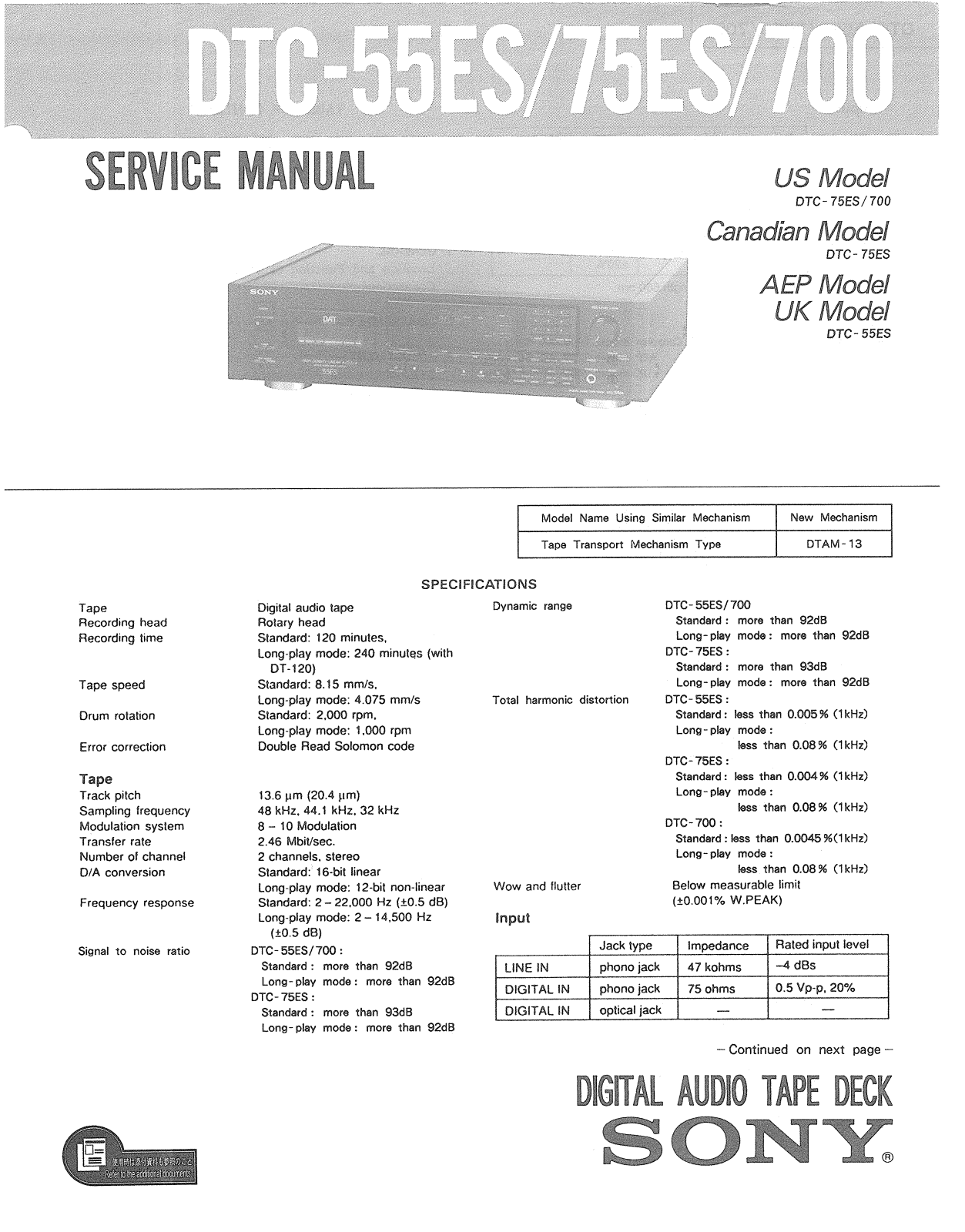 Sony DTC-700 Service manual
