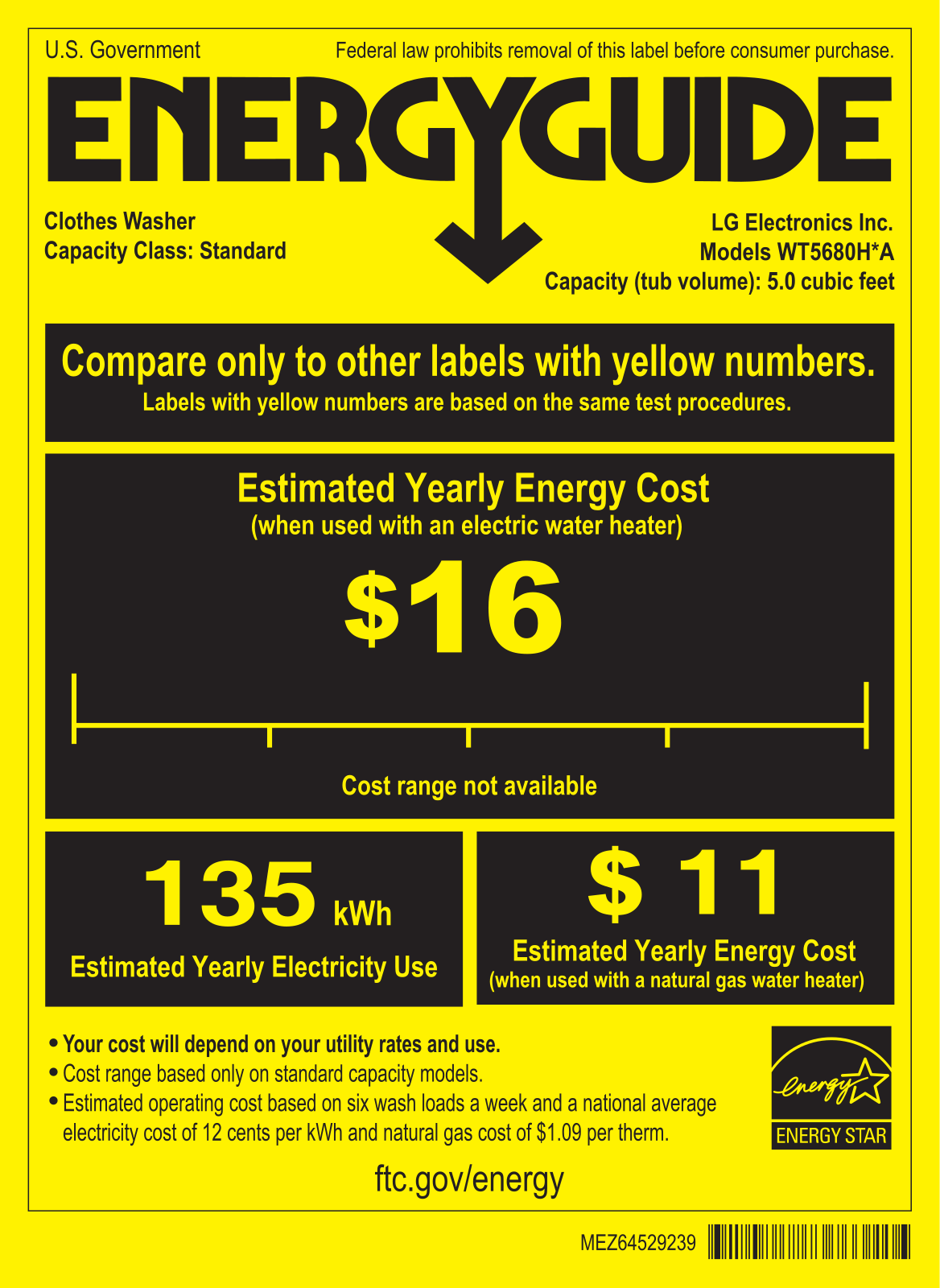 LG WT5680HWA, WT5680HVA Energy Guide