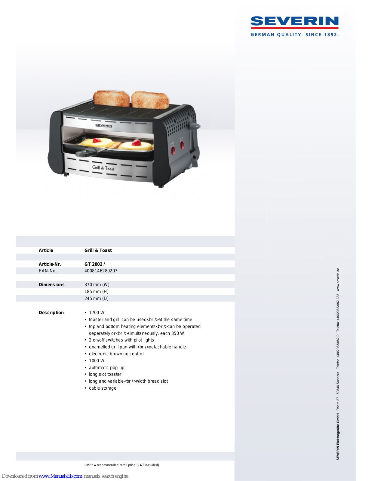 SEVERIN GRILL AND TOAST - DATASHEET 2, GT 2802 Dimensions