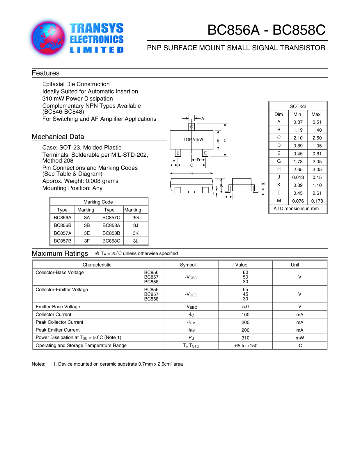 TEL BC858C, BC858C, BC857B, BC857B, BC858A Datasheet