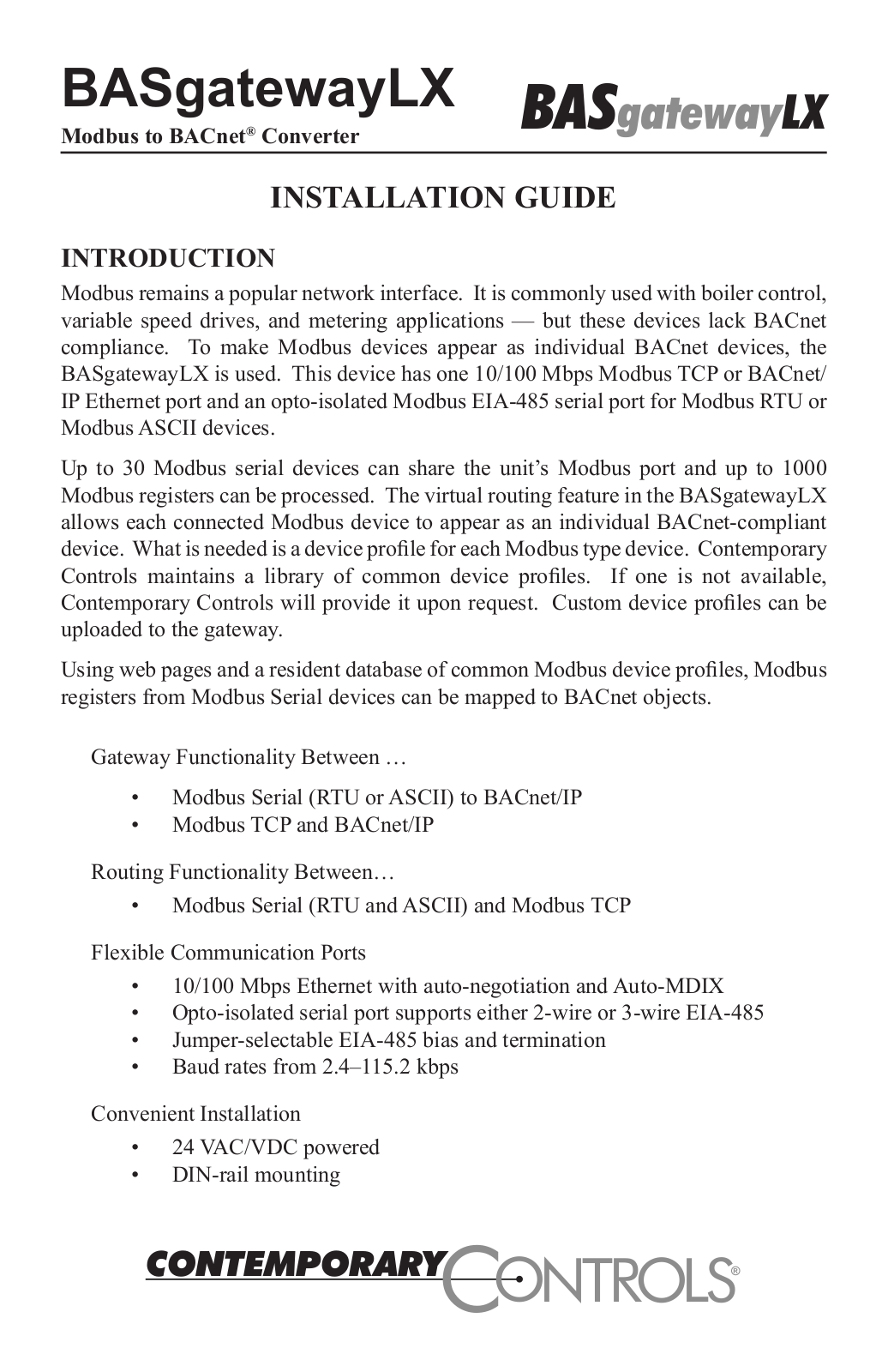 Contemporary Control Systems BASgatewayLX User Manual