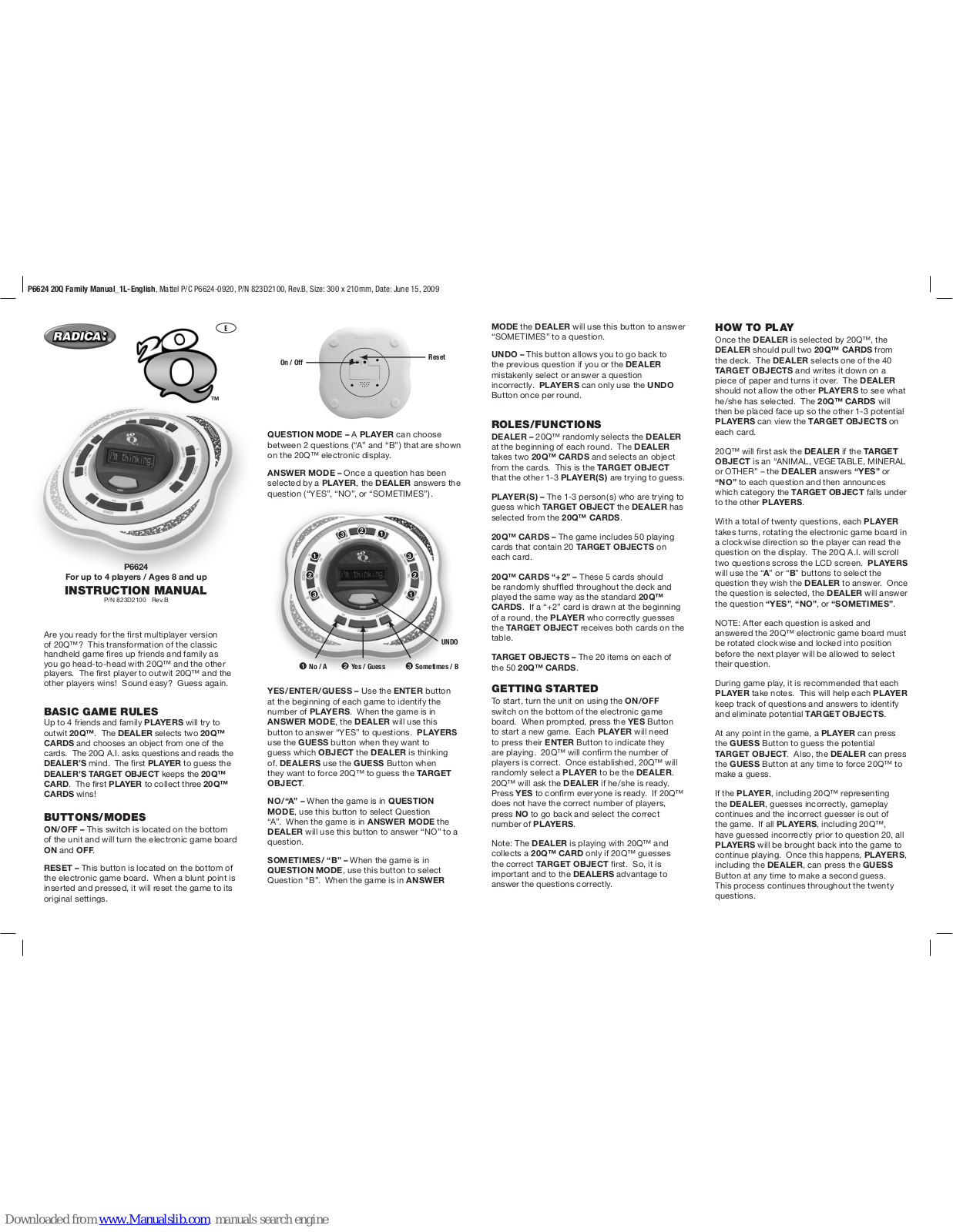 Radica Games 20Q P6624 Instruction Manual