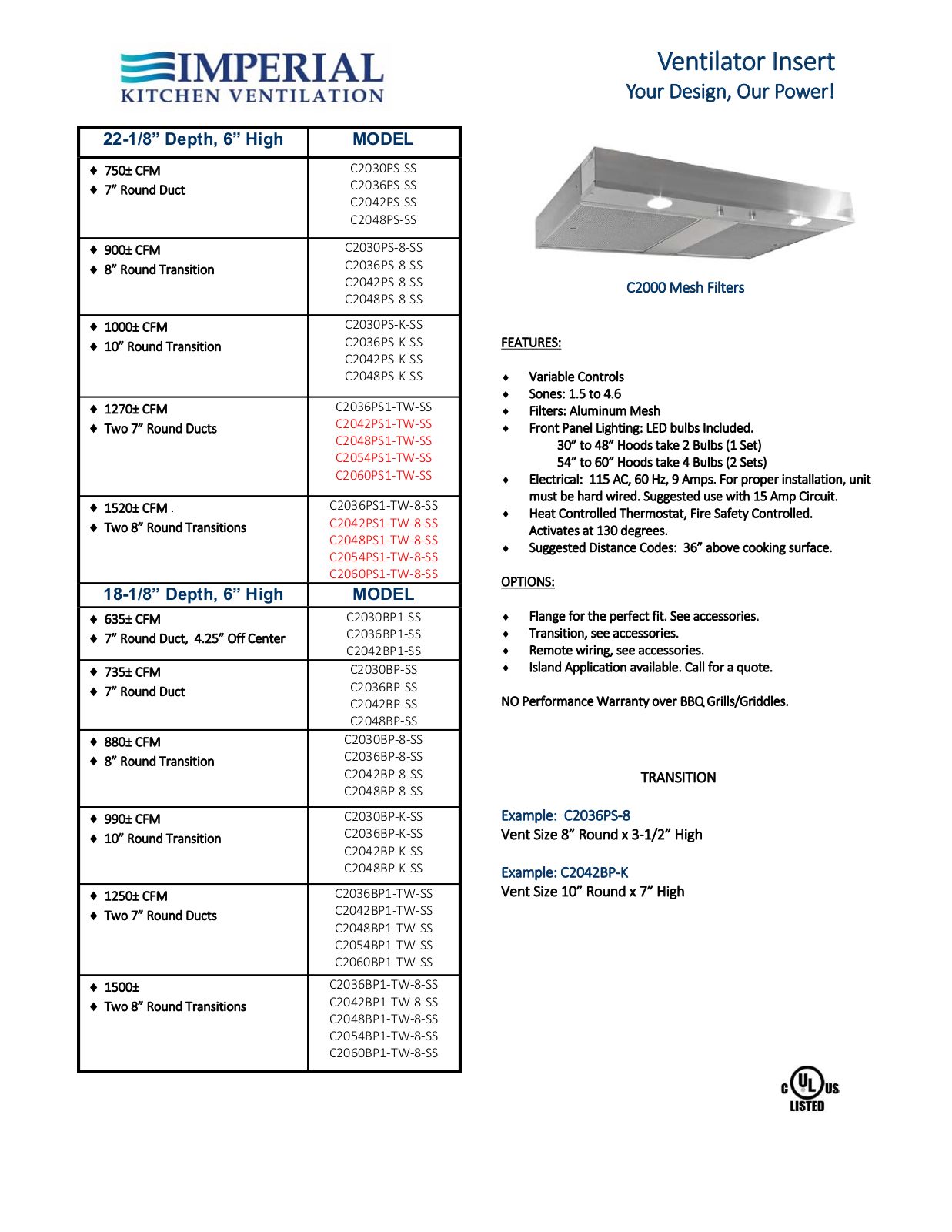 Imperial C2048PS1TWSS, C2060PS1TWSS, C2042PS1TWSS, C2054PS1TWSS, C2042PS1TW8SS Specifications