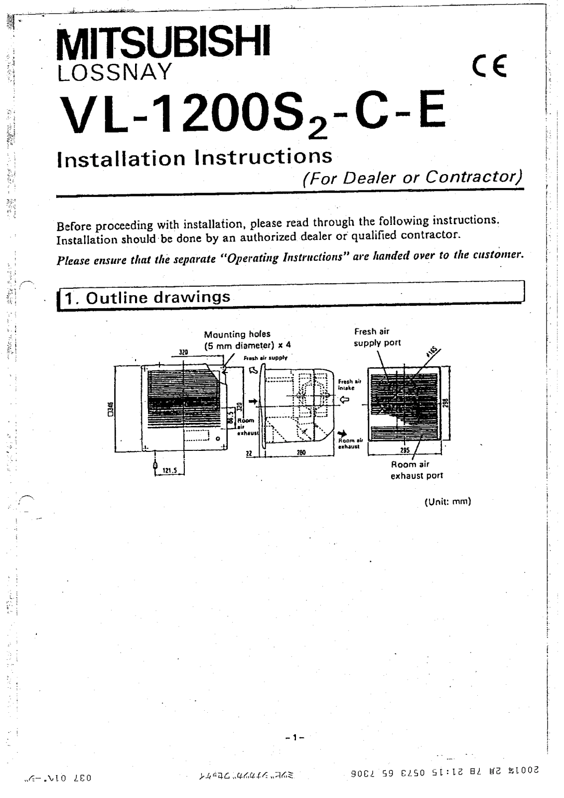 Mitsubishi Lossnay VL-1200 Installation Manual