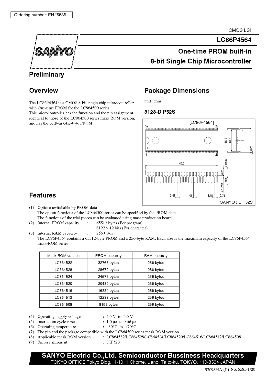 SANYO LC86P4564 Datasheet