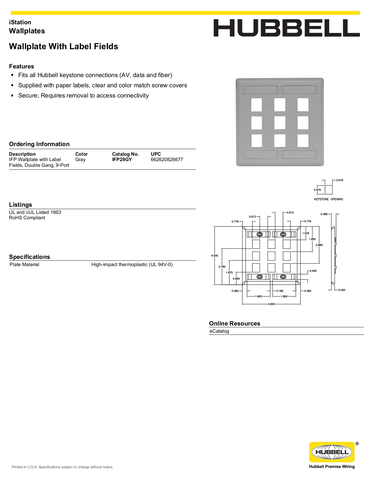 Hubbell IFP29GY Specifications