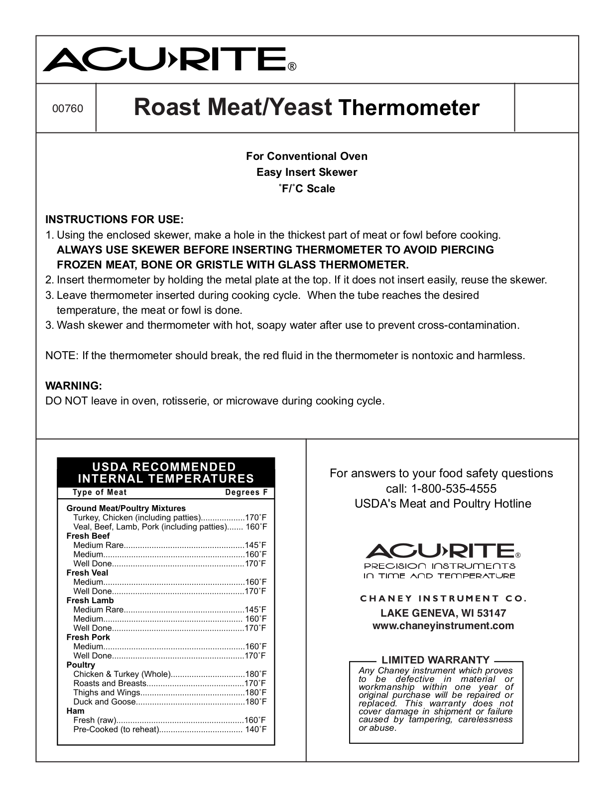 Chaney Instrument 00760 User Manual