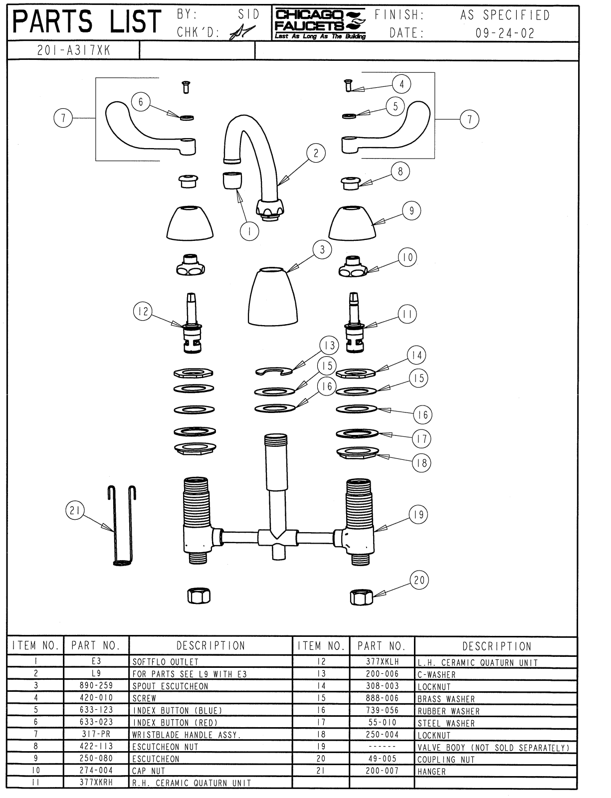 Chicago Faucet 201-A317XKCP Parts List