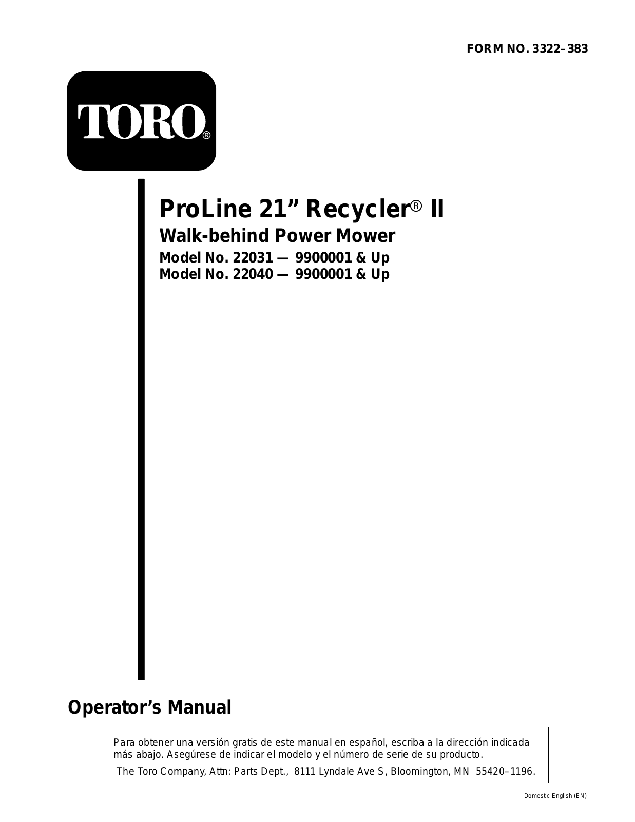 Toro 22031, 22040 Operator's Manual