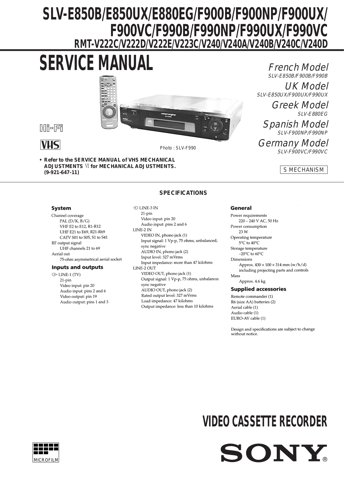 Sony SLV-E850B, SLV-E850UX, SLV-E880EG Service Manual