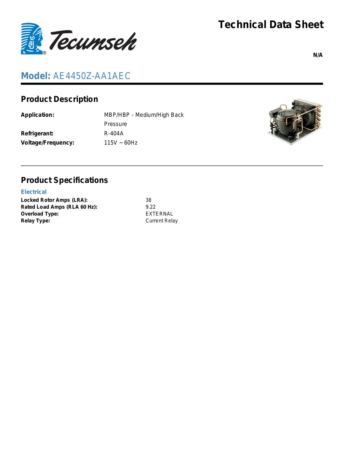 Tecumseh AE4450Z-AA1AEC Technical Data Sheet