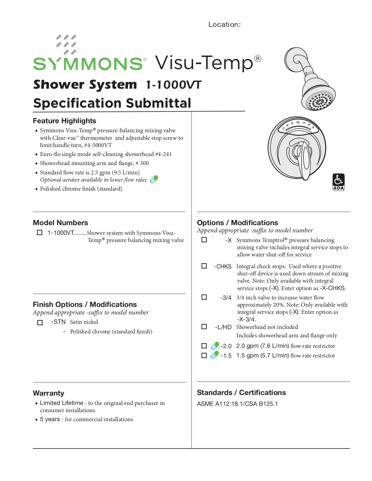 Symmons 1-1000VT User Manual