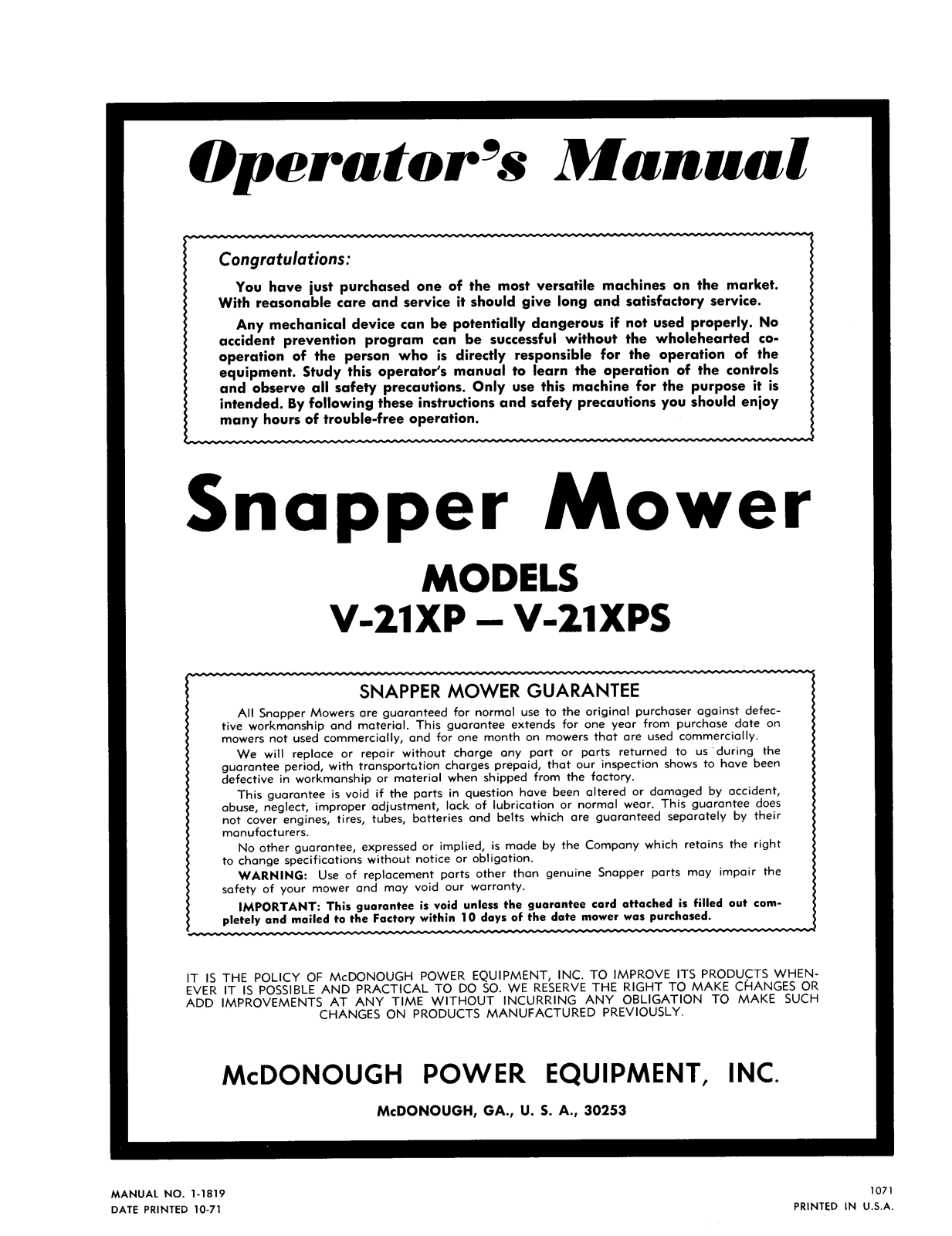 Snapper V-21XPS, V-21XP User Manual