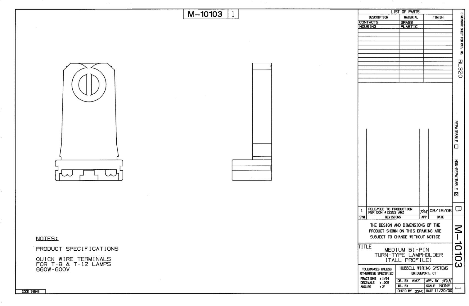 Hubbell RL320 Reference Drawing