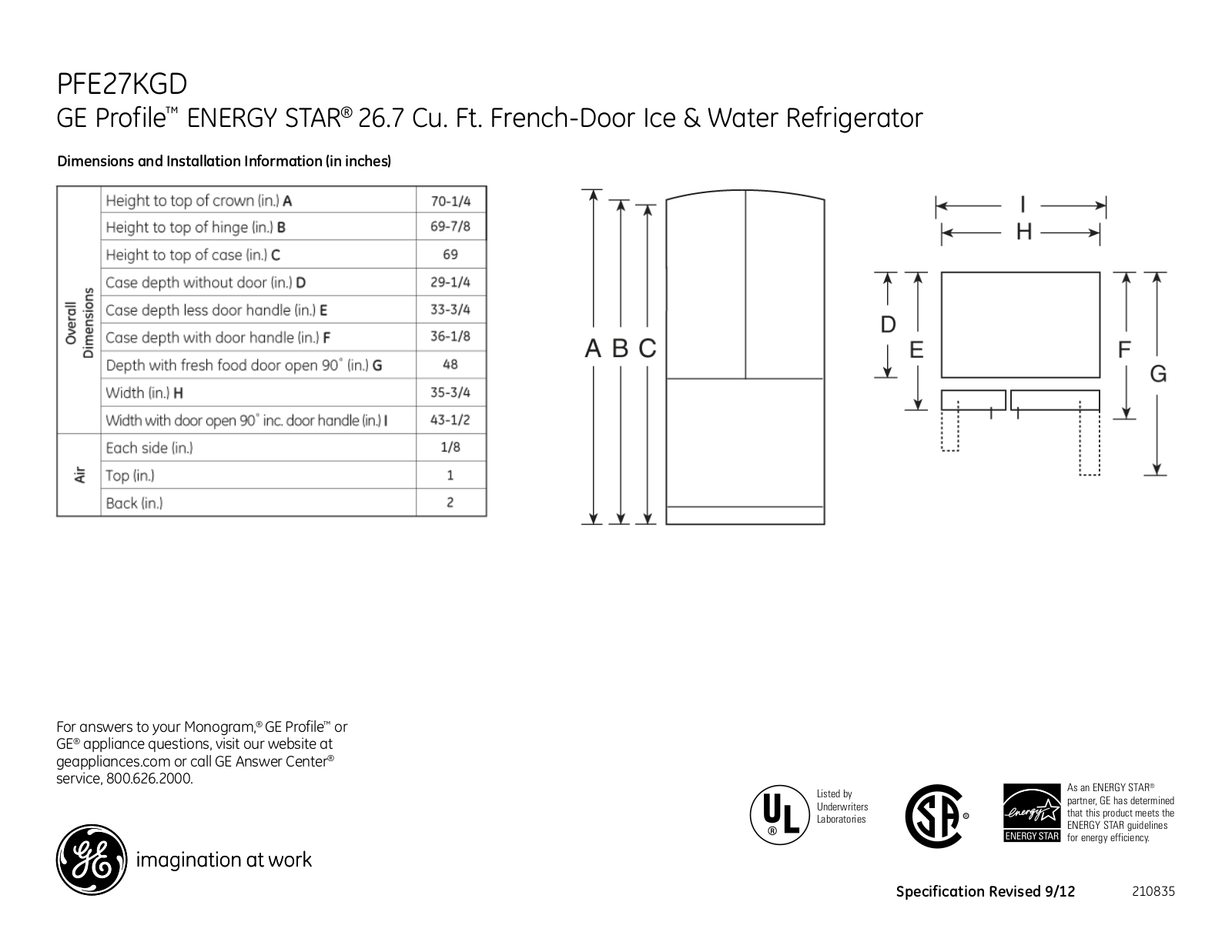 GE PFE27KGDBB Specification