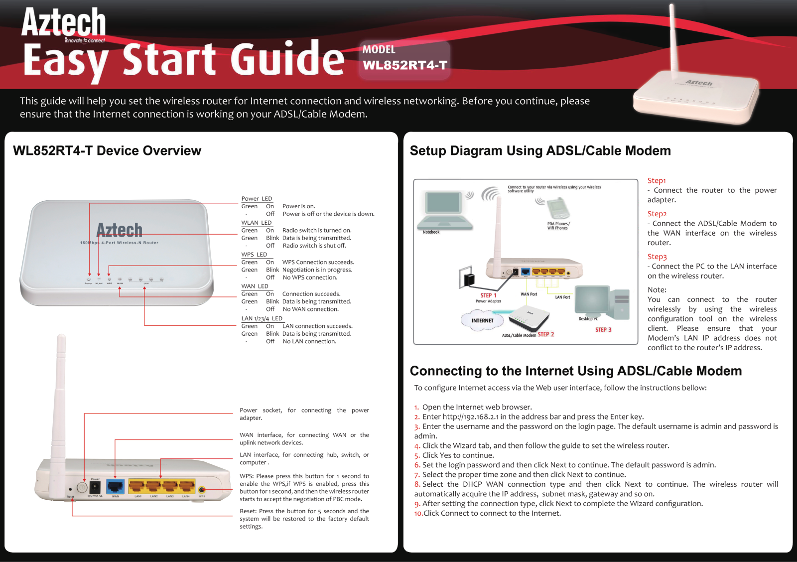 Aztech WL852RT4-T Quick Install Guide