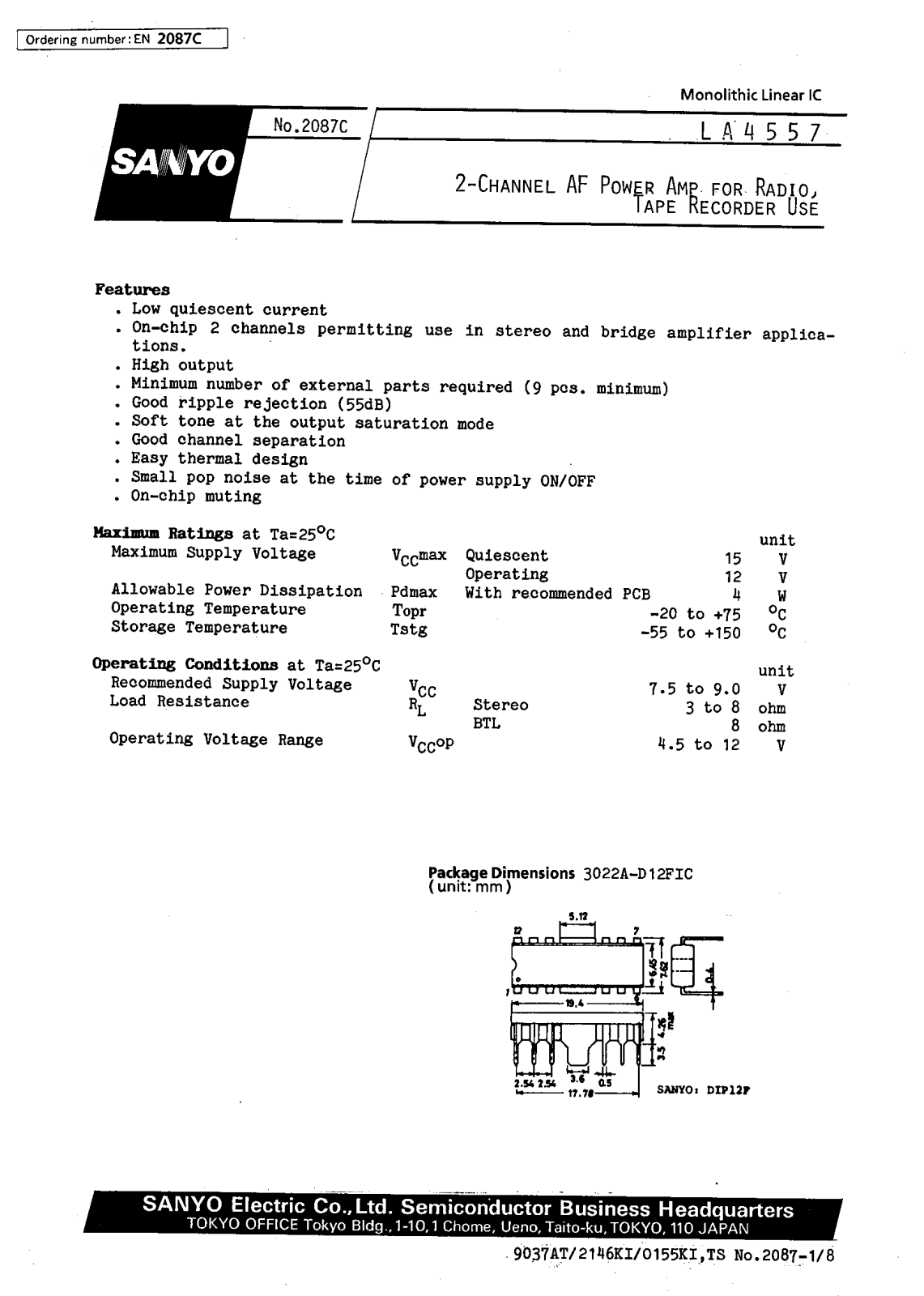 SANYO LA4557 Datasheet