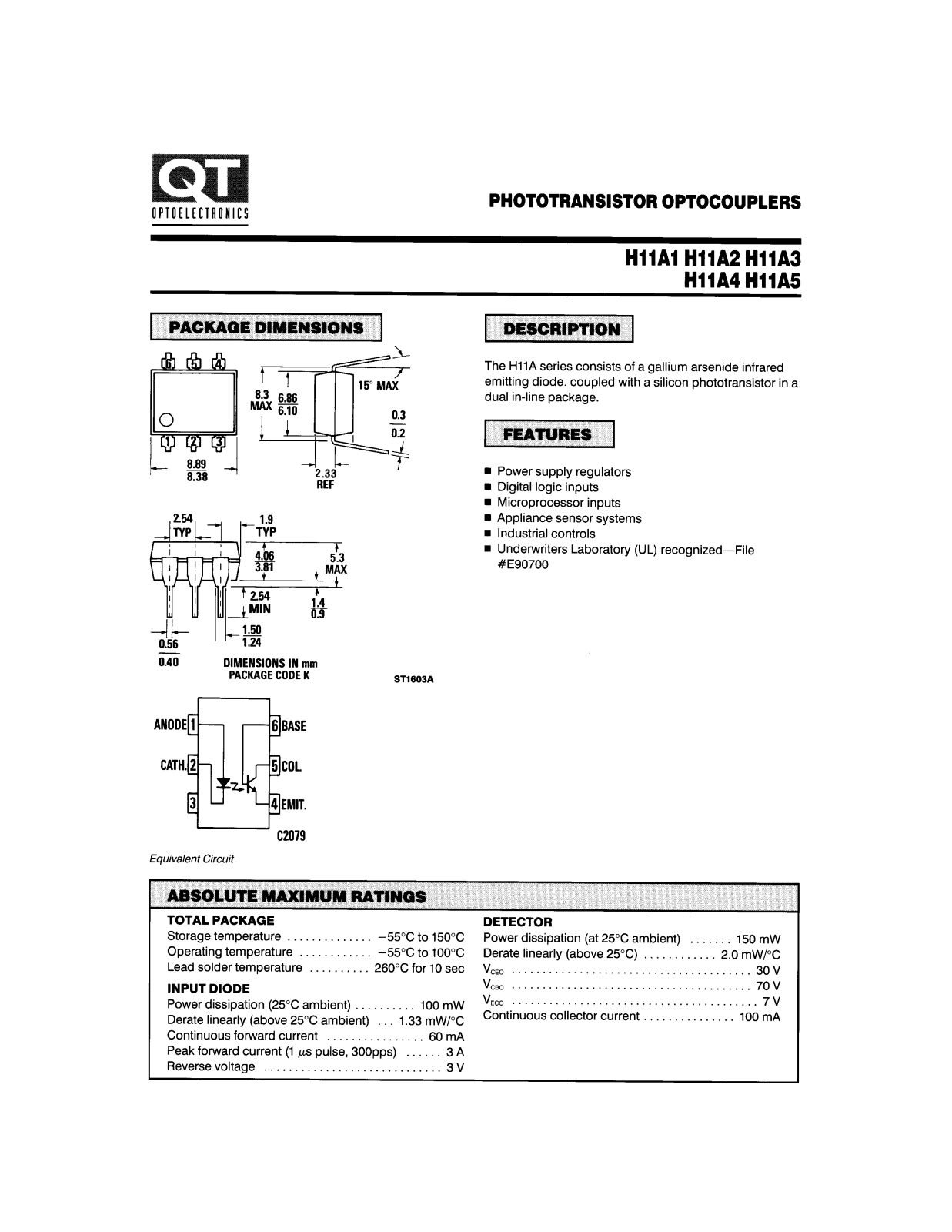 QT H11A1, H11A5, H11A4, H11A3, H11A2 Datasheet