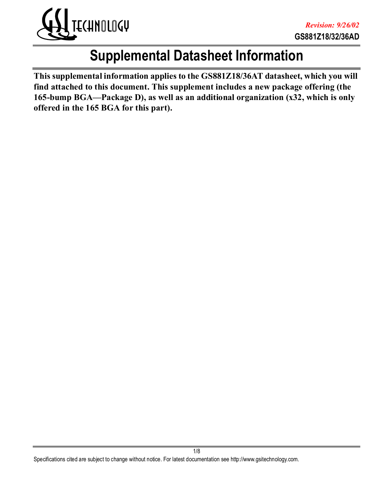 GSI GS881Z36AT-250I, GS881Z36AT-250, GS881Z36AT-225I, GS881Z36AT-225, GS881Z36AT-200I Datasheet