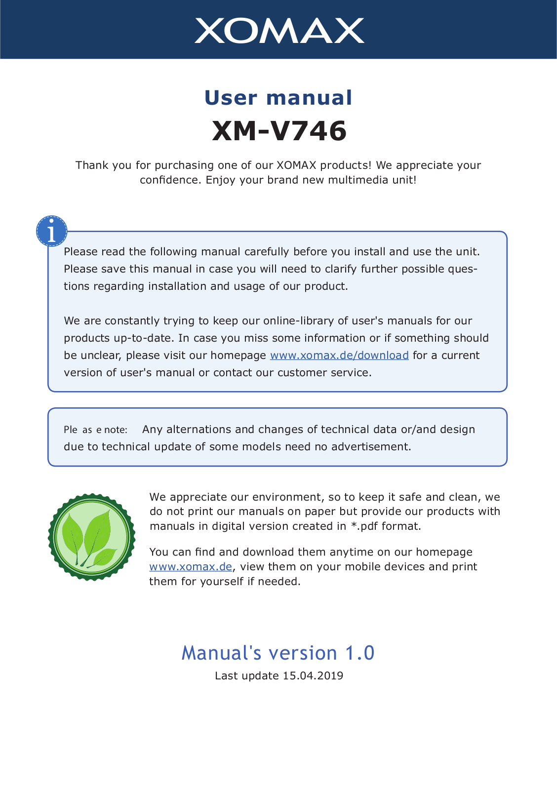 Xomax XM-V746 User Manual