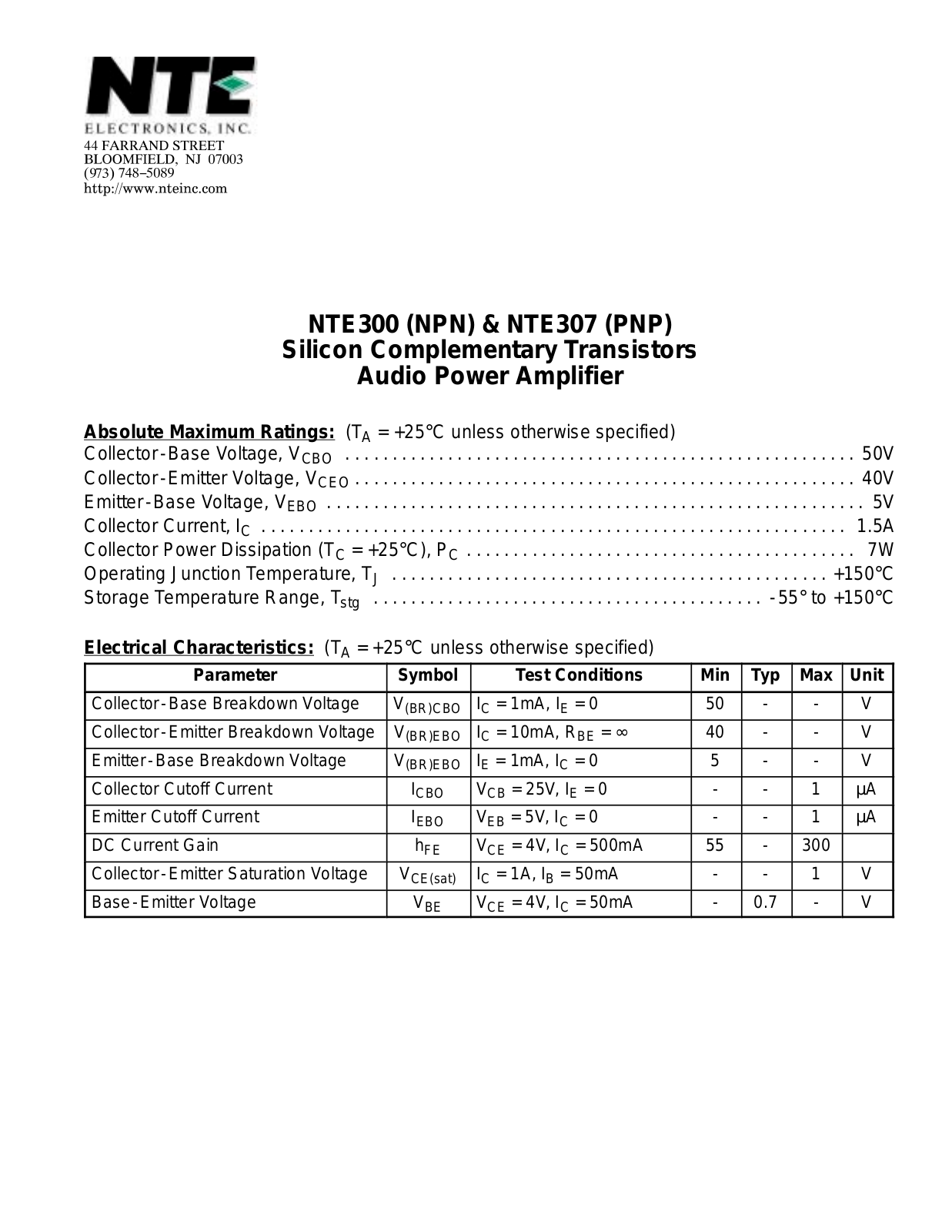 Datasheet ECG300, NTE307 Specification - ManualMachine.com