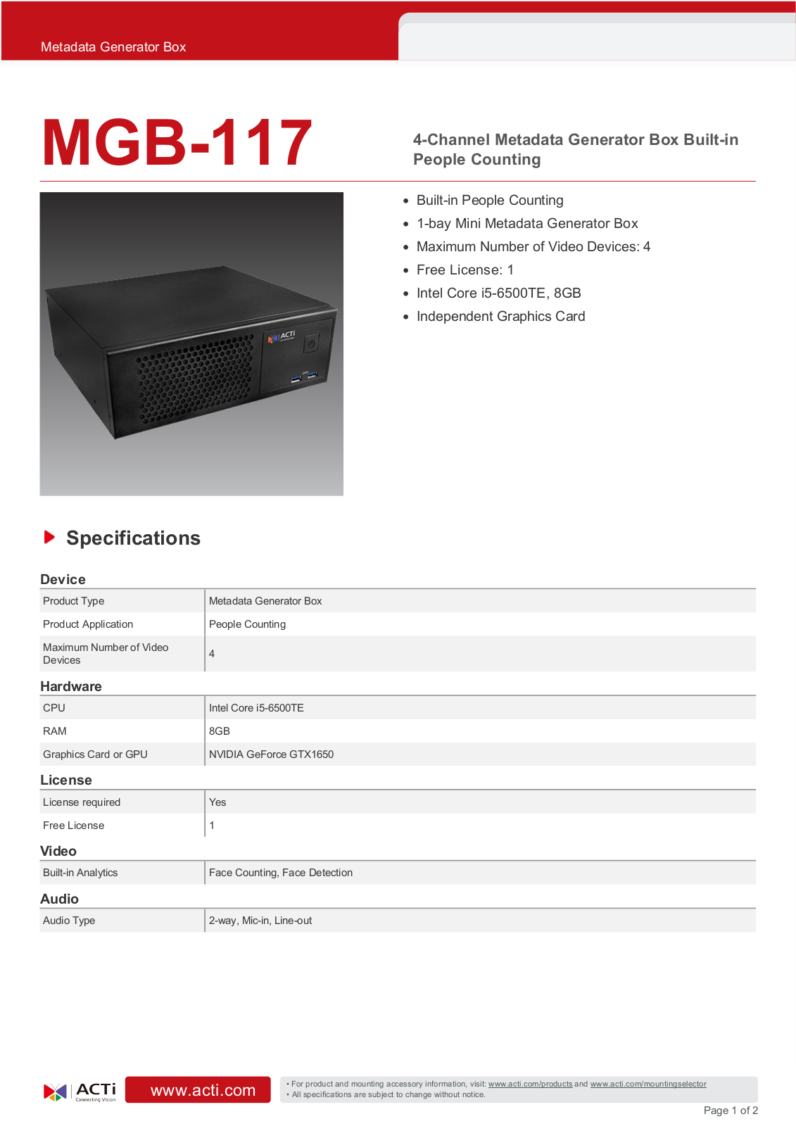 ACTi MGB-117 Specsheet