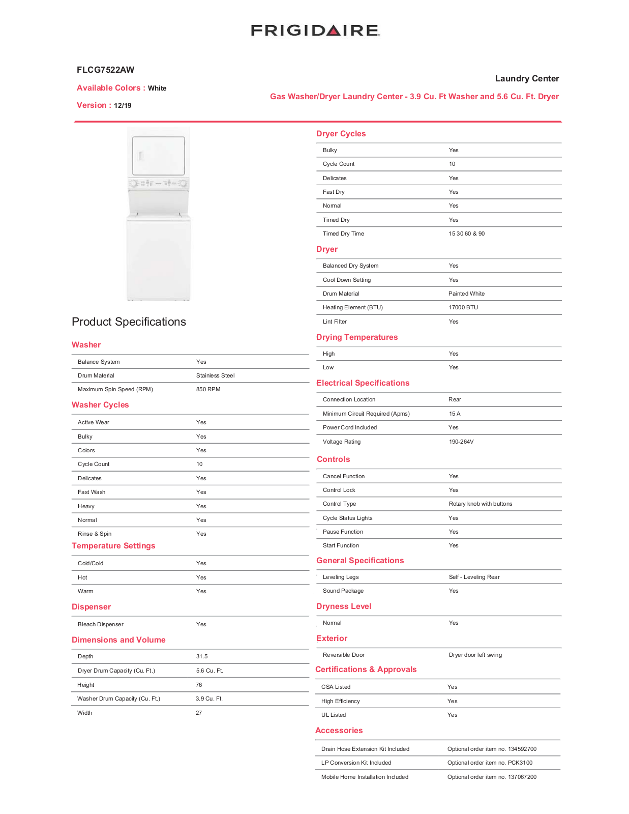 Frigidaire FLCG7522AW Specifications