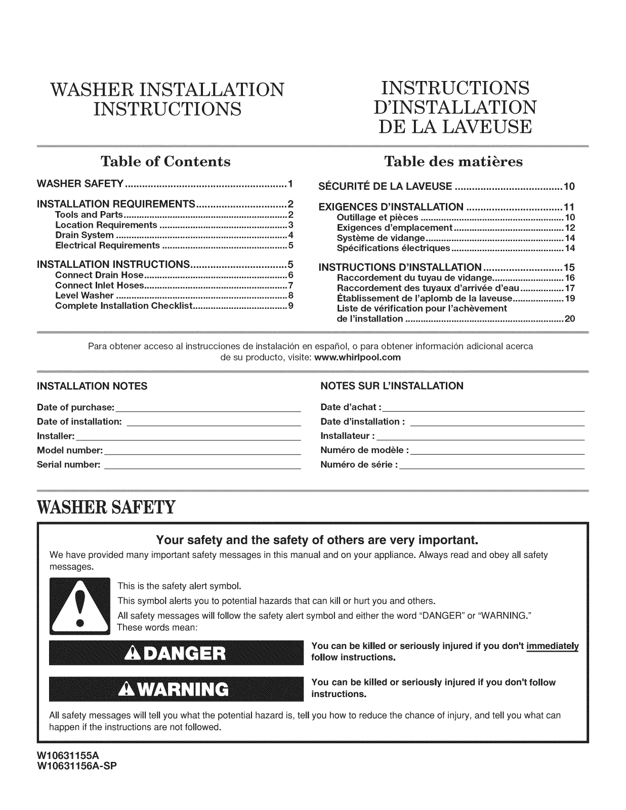 Whirlpool MHW4200BG2, MHW7000AW2, WFW61HEBW1, WFW70HEBW2, WFW86HEBC2 Installation Guide - ManualMachine.com