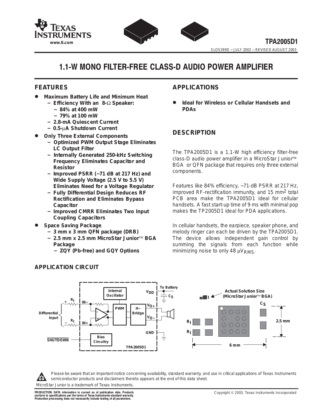 Texas Instruments TPA2005D1DRBR, TPA2005D1GQYR, TPA2005D1ZQYR Schematic