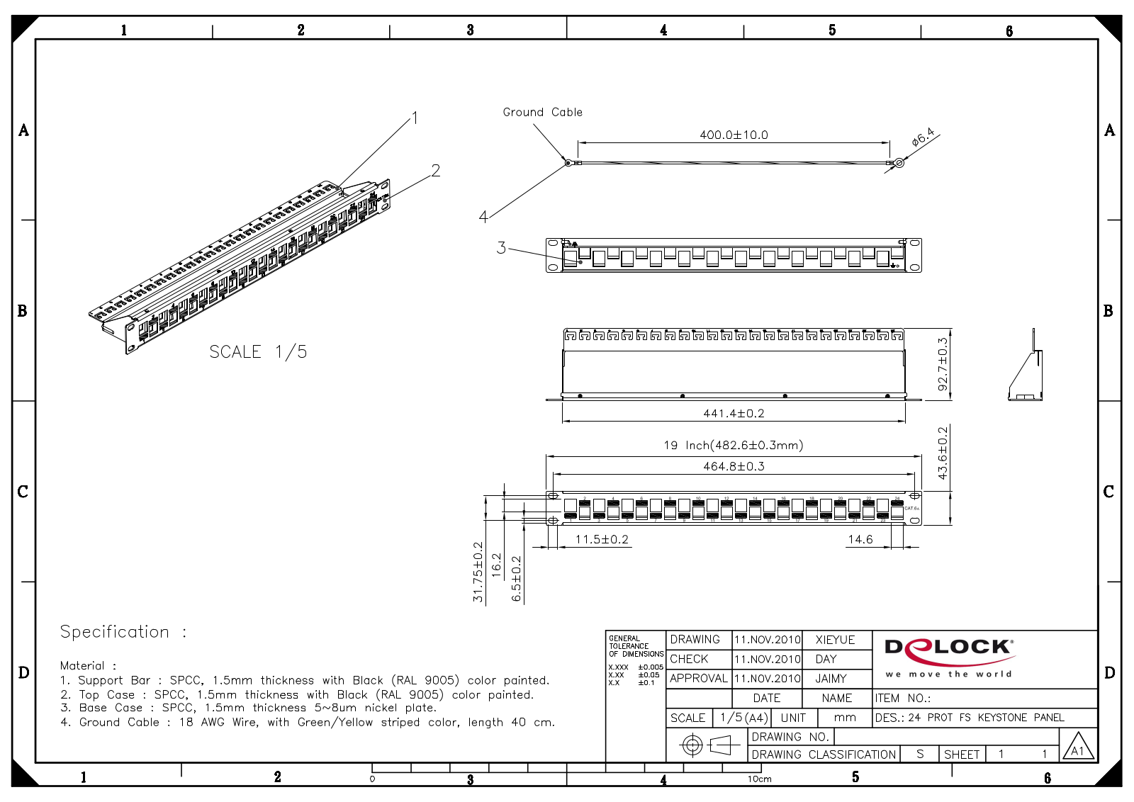 DeLOCK patch panel for RJ-45 Keystone modules, graded Dimensional drawing