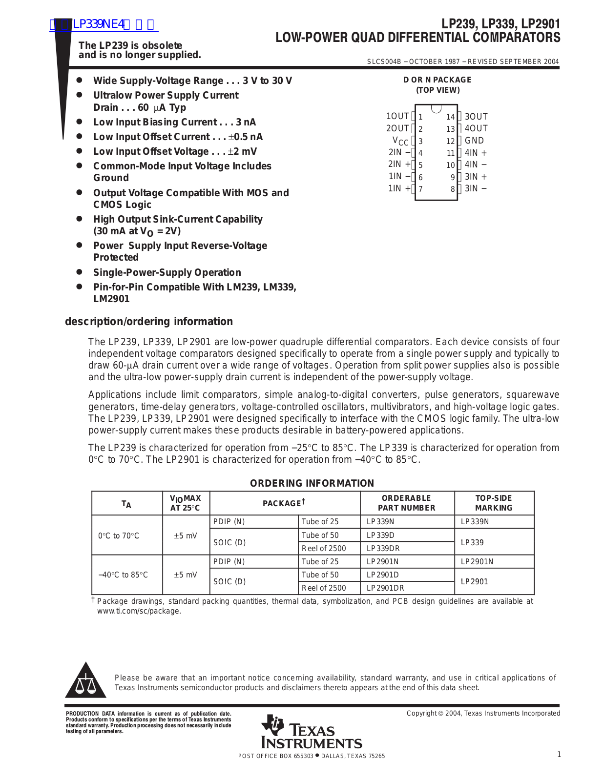 TEXAS INSTRUMENTS LP239, LP339, LP2901 Technical data