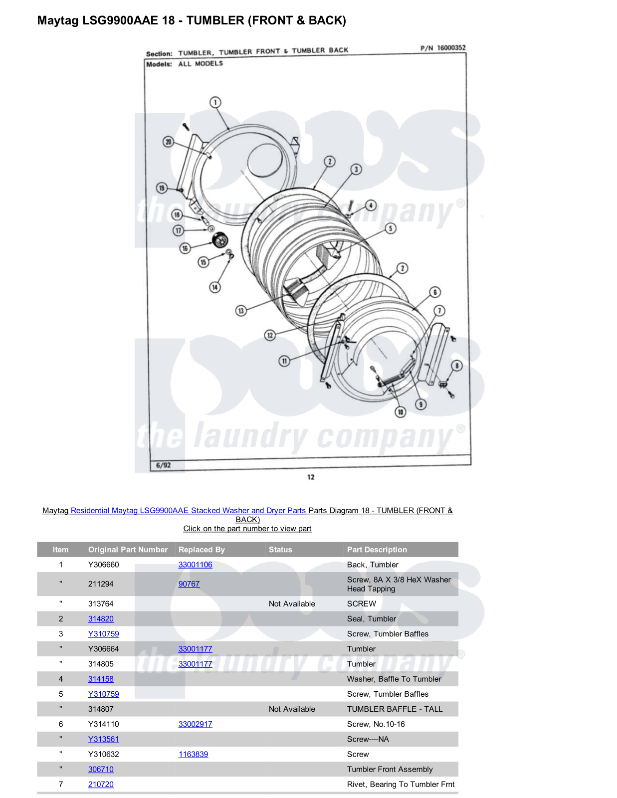 Maytag LSG9900AAE Stacked and Parts Diagram