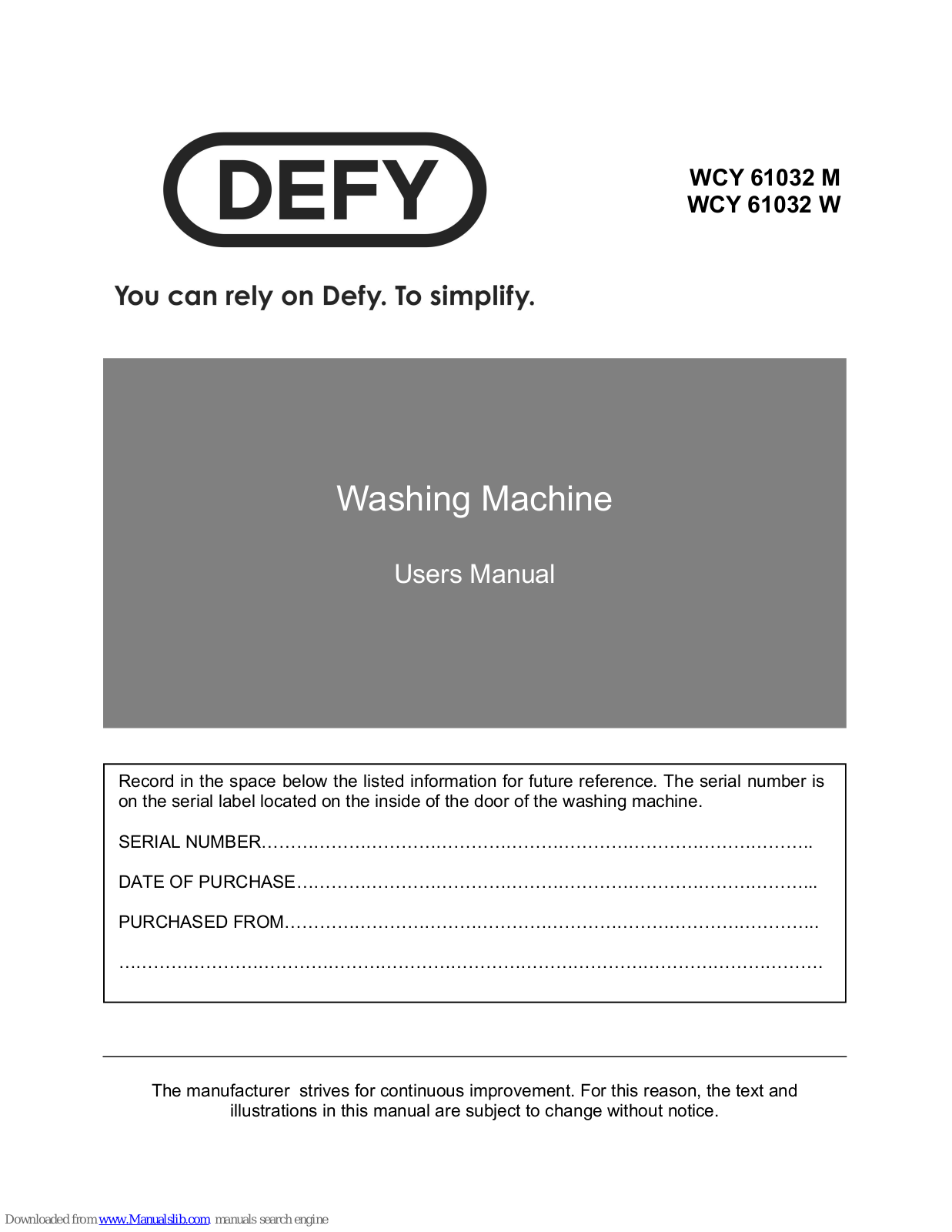 Defy WCY 61032 M, WCY 61032 W, WCY 71032 LM, WCY 71032 LW, WCY 81233 MLCM User Manual