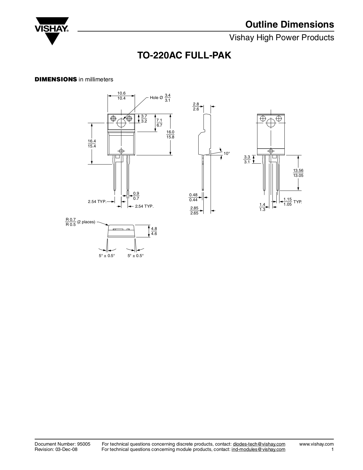 Vishay TO-220AC FULL-PAK Dimensions