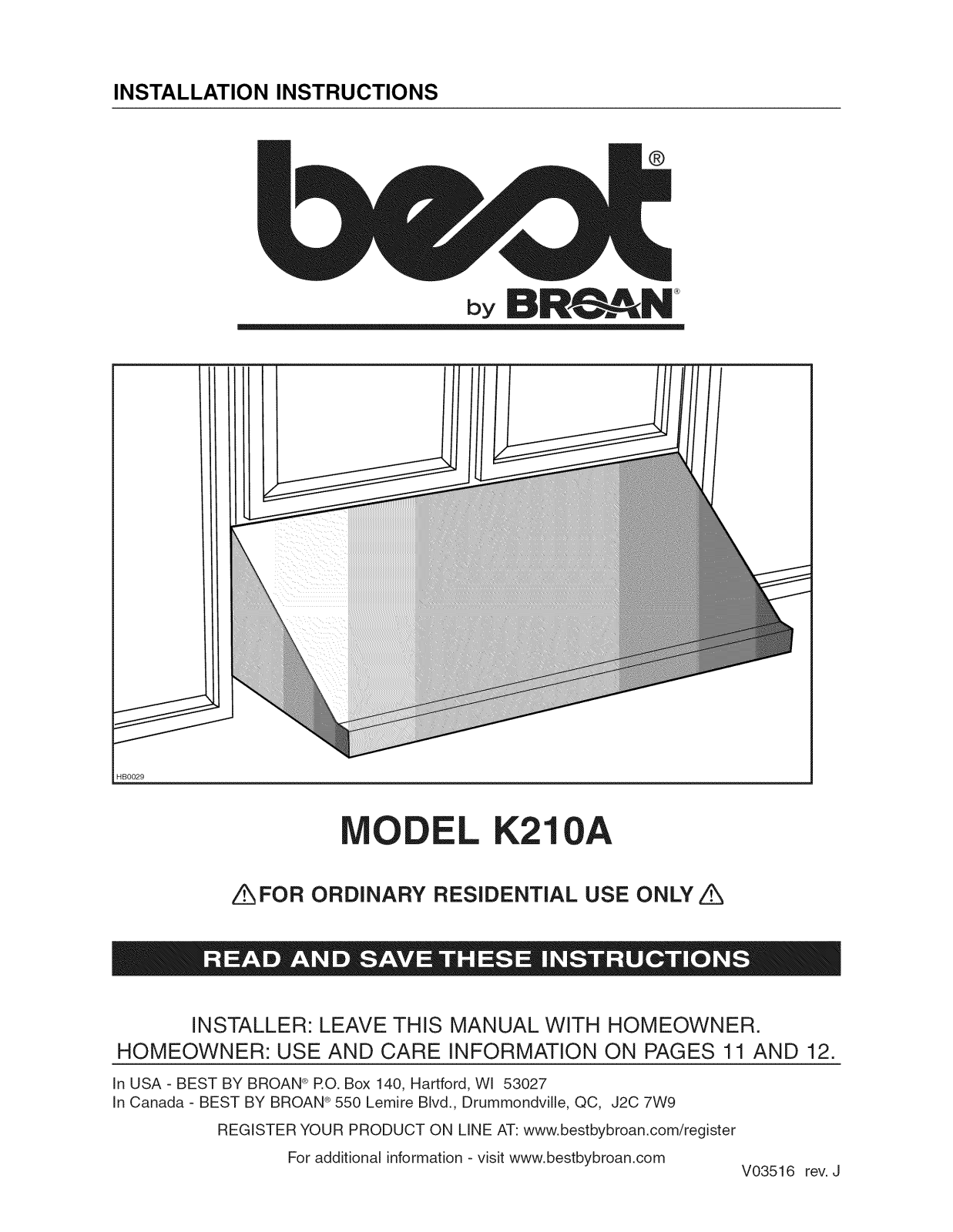 Broan K210A42SS, K210A48SS, K210A36SS, K210A30SS Installation Guide