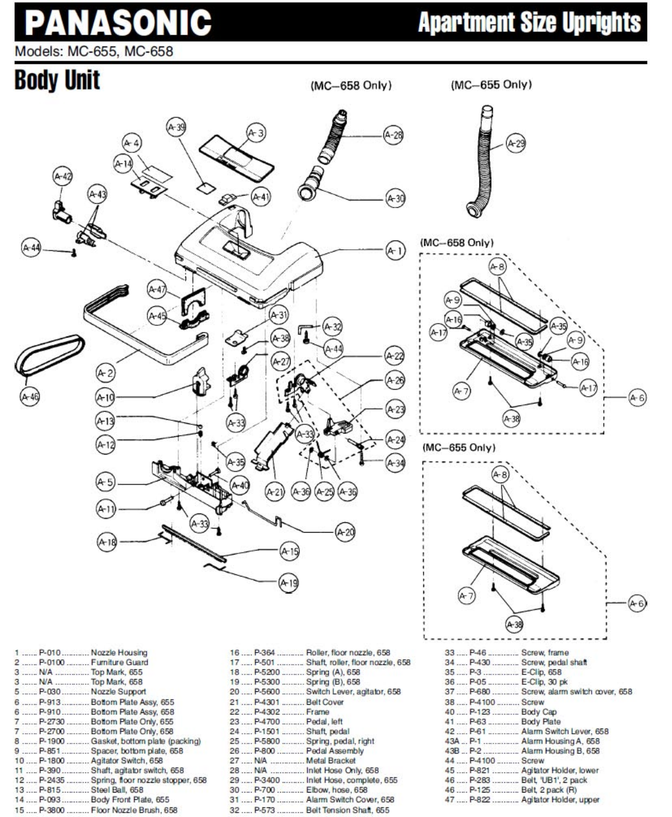 Panasonic 655, 658 Parts List