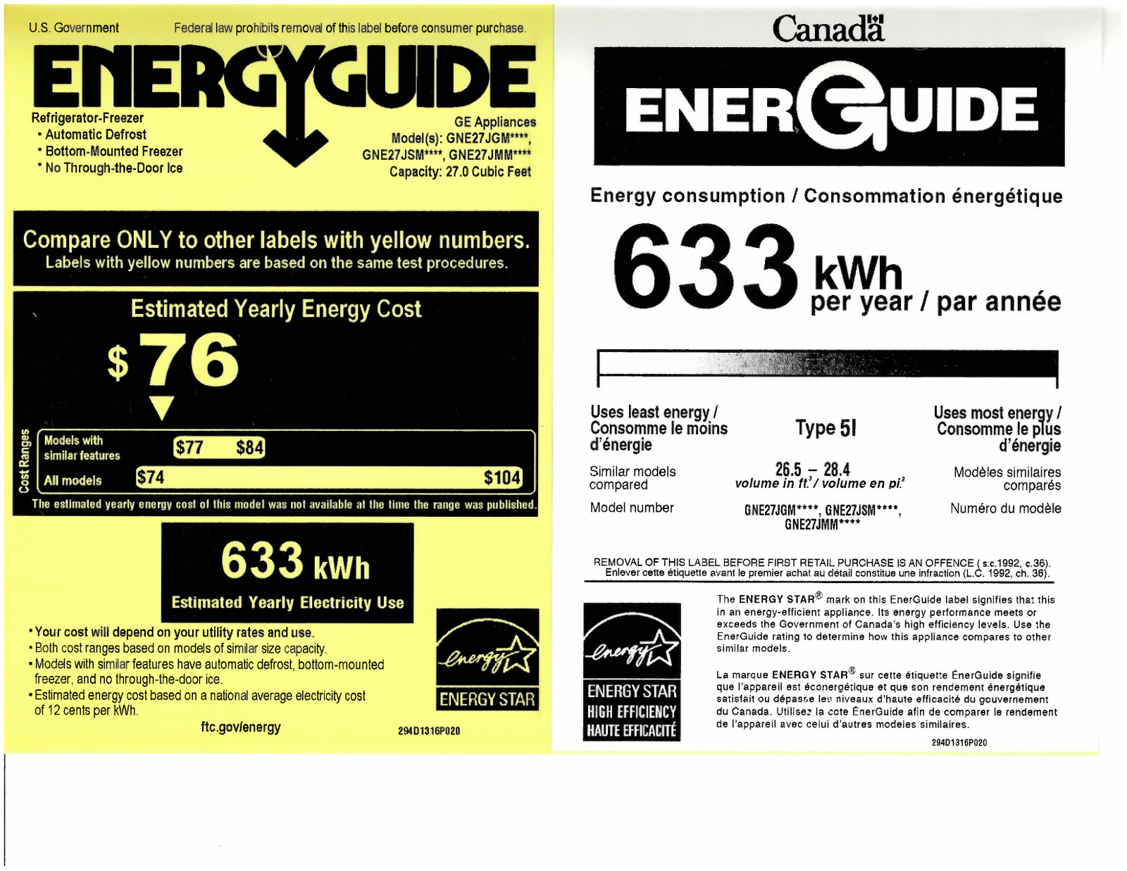 General Electric GNE27JGMBB, GNE27JMMES, GNE27JSMSS Energy Guide