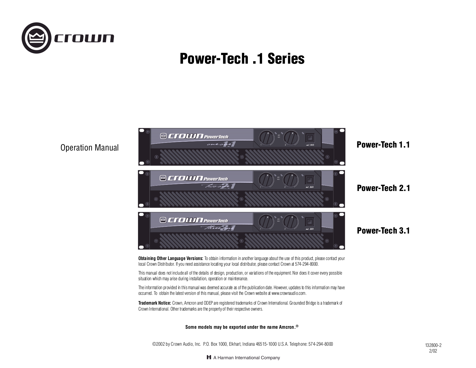 Crown Power Tech 1.1, Power Tech 2.1, Power Tech 3.1, PT-1.1, PT-2.1 Owners manual