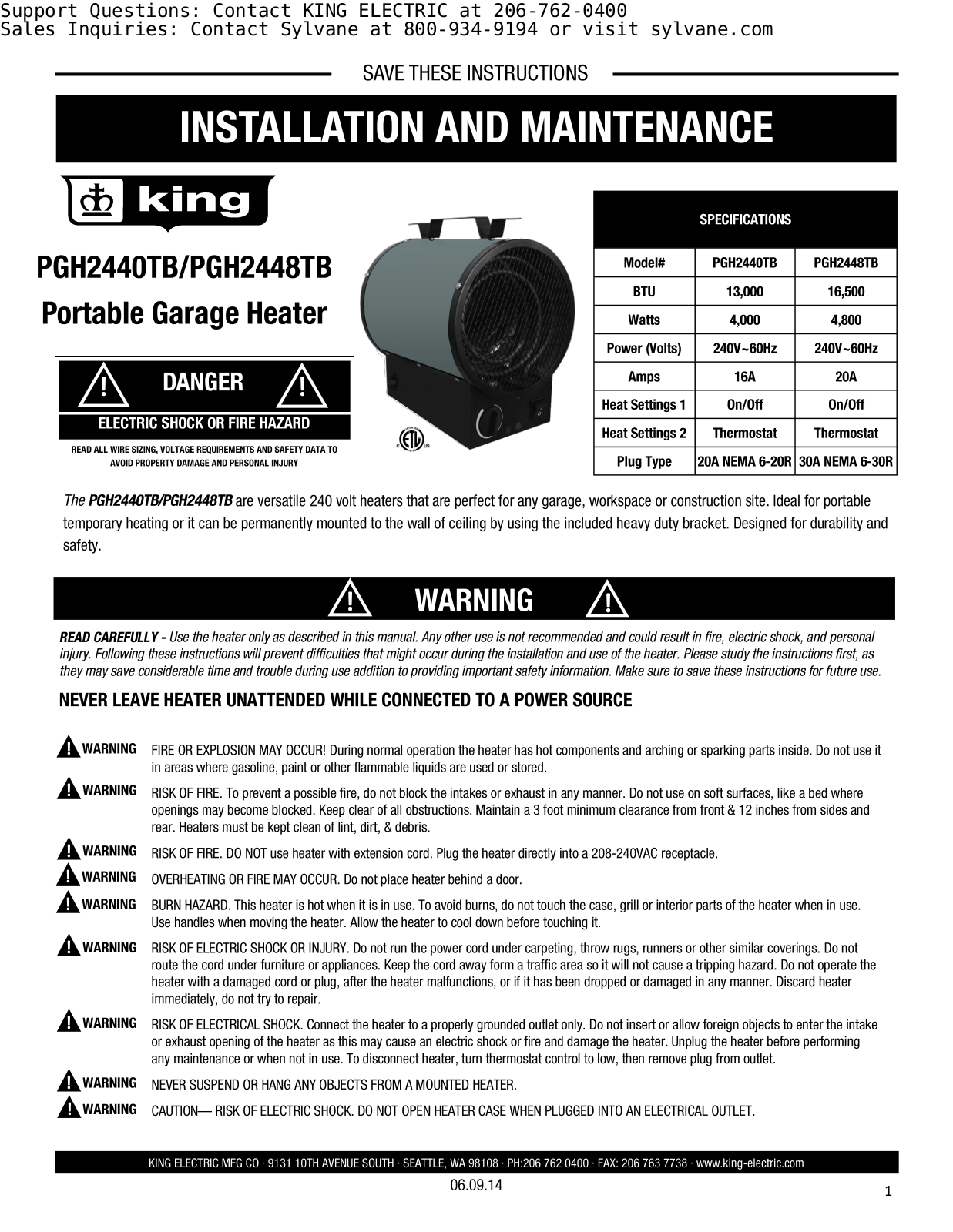 KING PGH2440TB Installation And Maintenance Manual