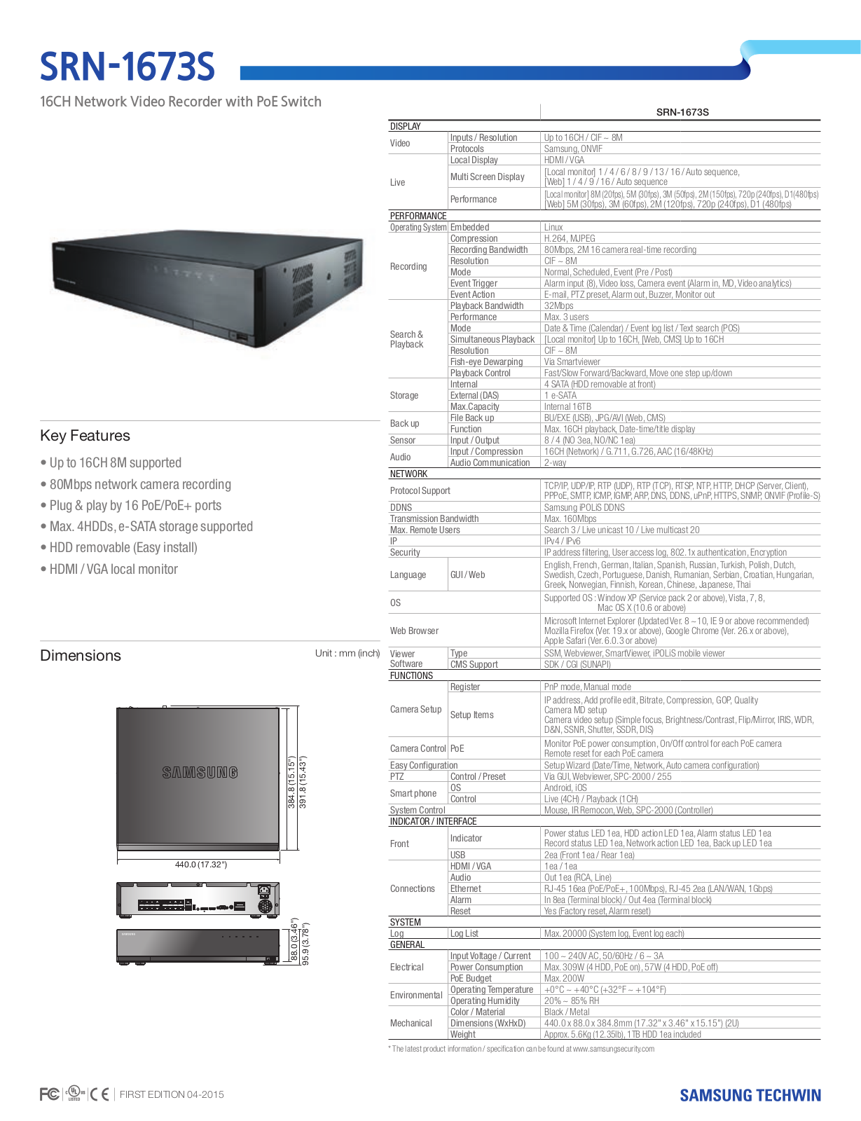 Samsung SRN-1673S Specsheet